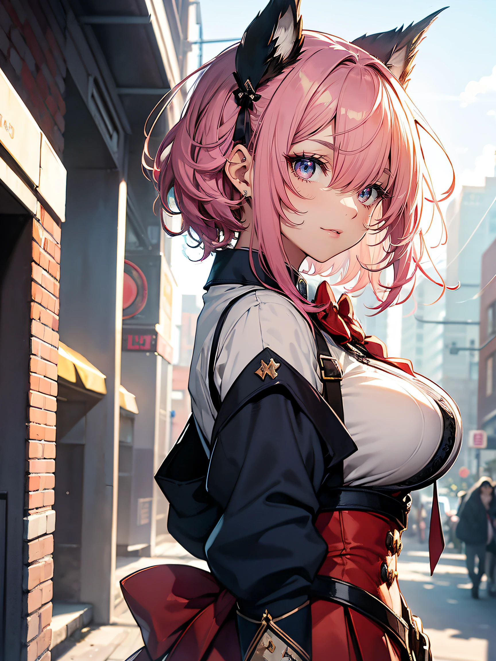 hiquality, hight resolution, ultra-detailliert, high-level image quality, hightquality, anime illustrated, (finely detailed beautiful eye: 1.2), Detailed eye depiction, (finely detailed eyes and detailed face:1.3), (extremely details CG, Best Shadow:1.1), Depth of field and blur, (Perfect Detail: 1.1) , digitial illustration, Enamel Art, Center, Watercolor painting, art stations, concept-art, character sheets, Lightning Wave, beautiful anime watercolors, Vibrant colors, Sharp Focus, art by:hyung tae kim, Fine detail, intricate detailes, highleg,  Colossal tits, gargantuan butt、Curvaceous body, Detailed eye depiction, Vibrant colors, Sharp Focus, realistic skin textures、Whip body,Wavy bob Hairstyle , (pink) hair color, (blue) eyeshadow, (red) lip color, (white) bow tie blouse, (navy) long pleated skirt, (red) pumps,