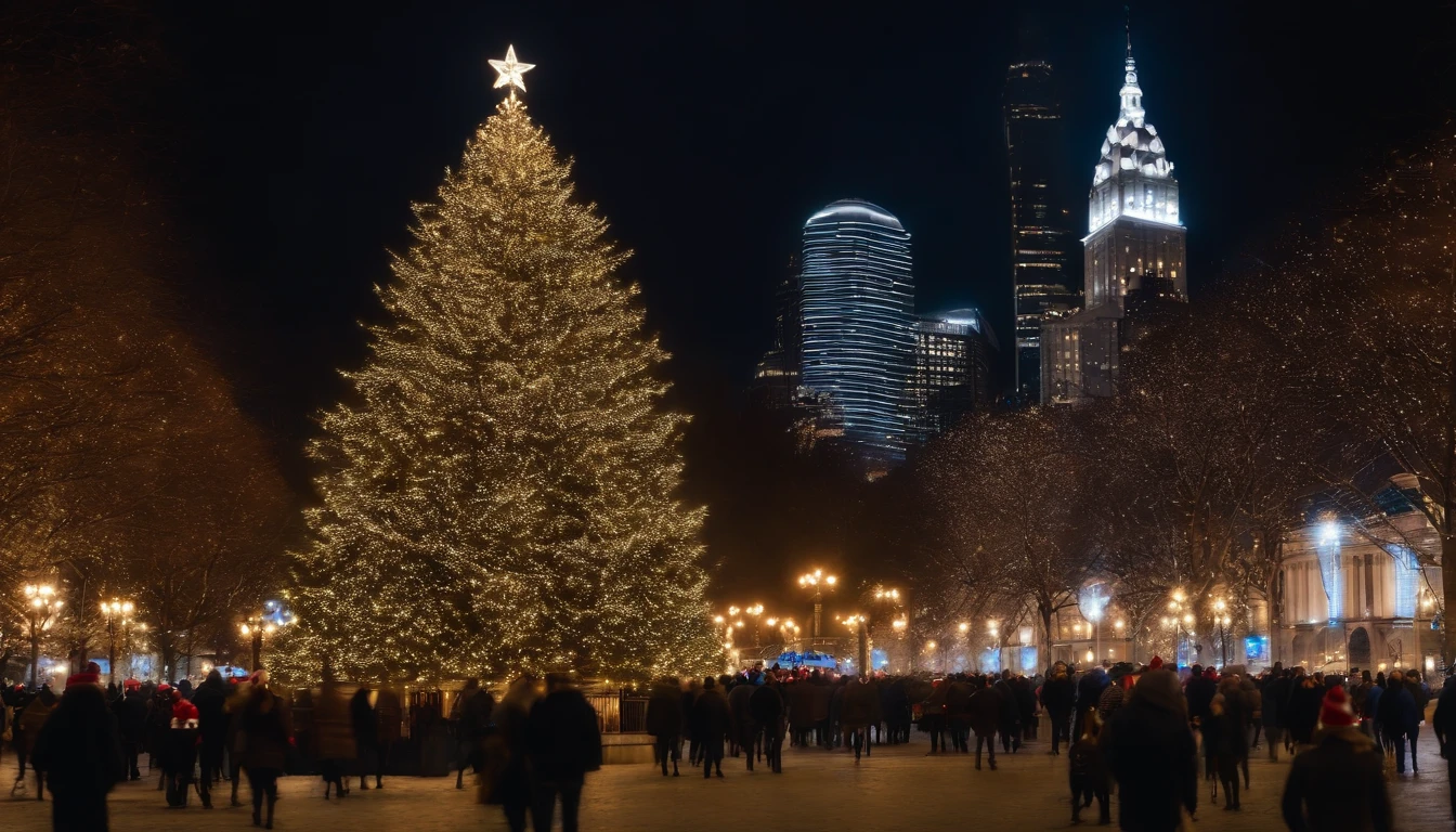 A bustling cityscape at night, illuminated by thousands of sparkling lights and towering skyscrapers, with a grand Christmas tree standing at the center of a lively plaza.