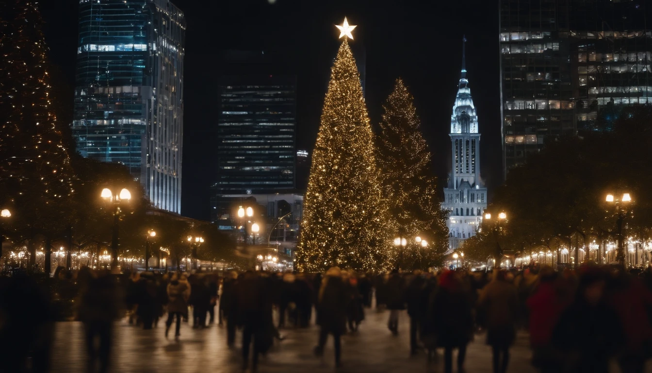 A bustling cityscape at night, illuminated by thousands of sparkling lights and towering skyscrapers, with a grand Christmas tree standing at the center of a lively plaza.