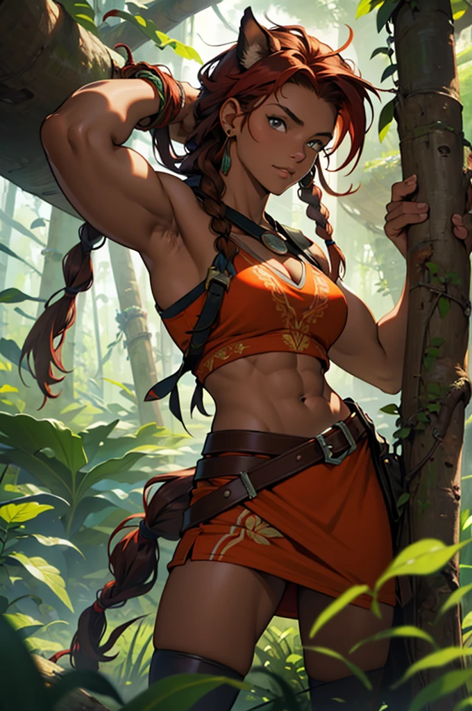 Art in colorful style Alex Horley, short robust and muscular girl, brown skin, red dreadlock hair and braid, dressed in fabric leaves and vines, with a rustic spear in one hand, a pet boar, in the Amazon forest, ultra HD images.