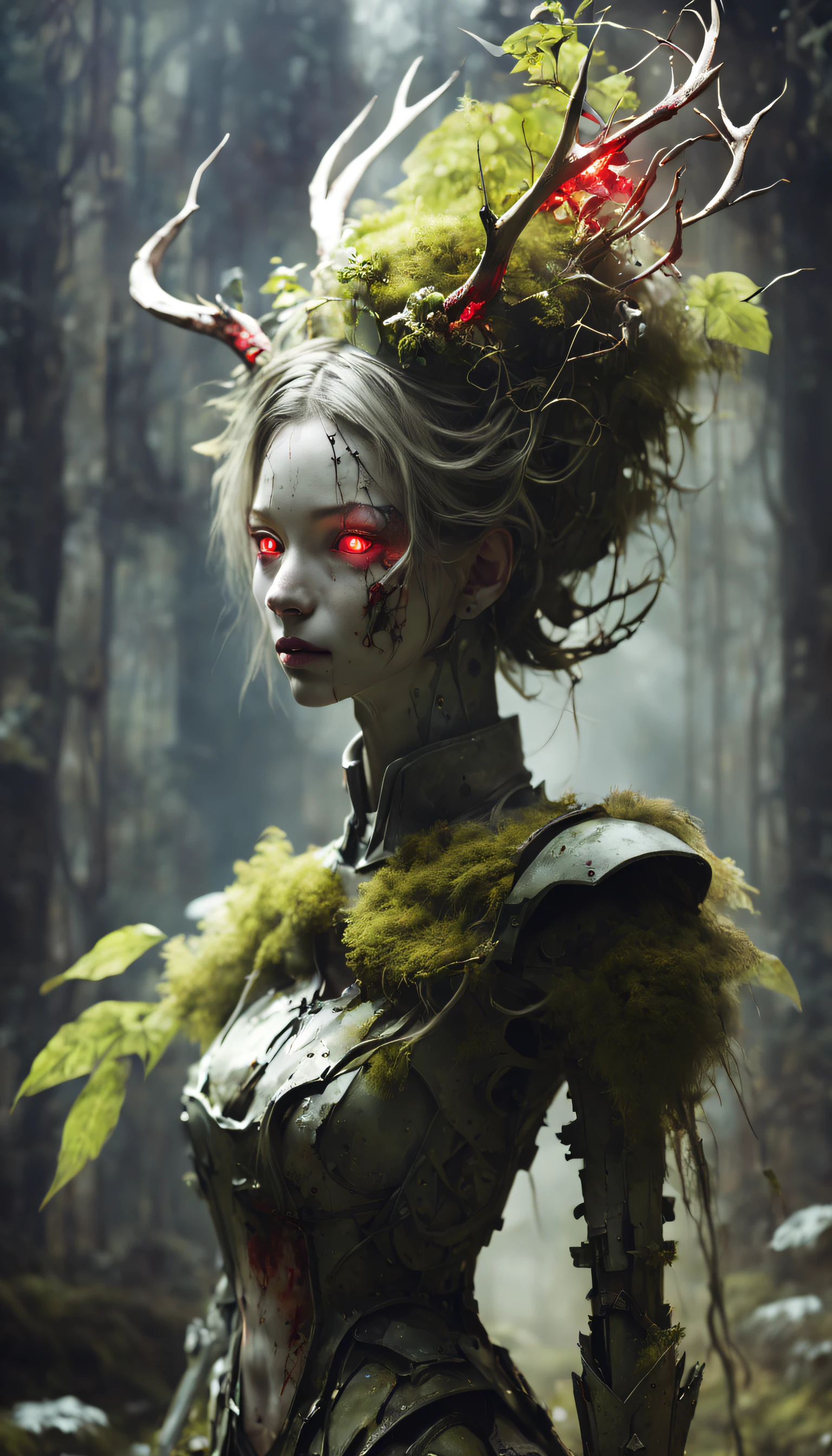 a broken feminine humanoid robot,At night, a light shone on her, dented, scratched, flaking peeling paint, in a abandoned interior room, mossy and fungus, once pretty,An artistic photograph,full body,(Remote shooting:1.4),closeup 50mm f/1.3,bailong plant girl, girl made of dead plants,a girl made of red plants,forest,plant,antlers