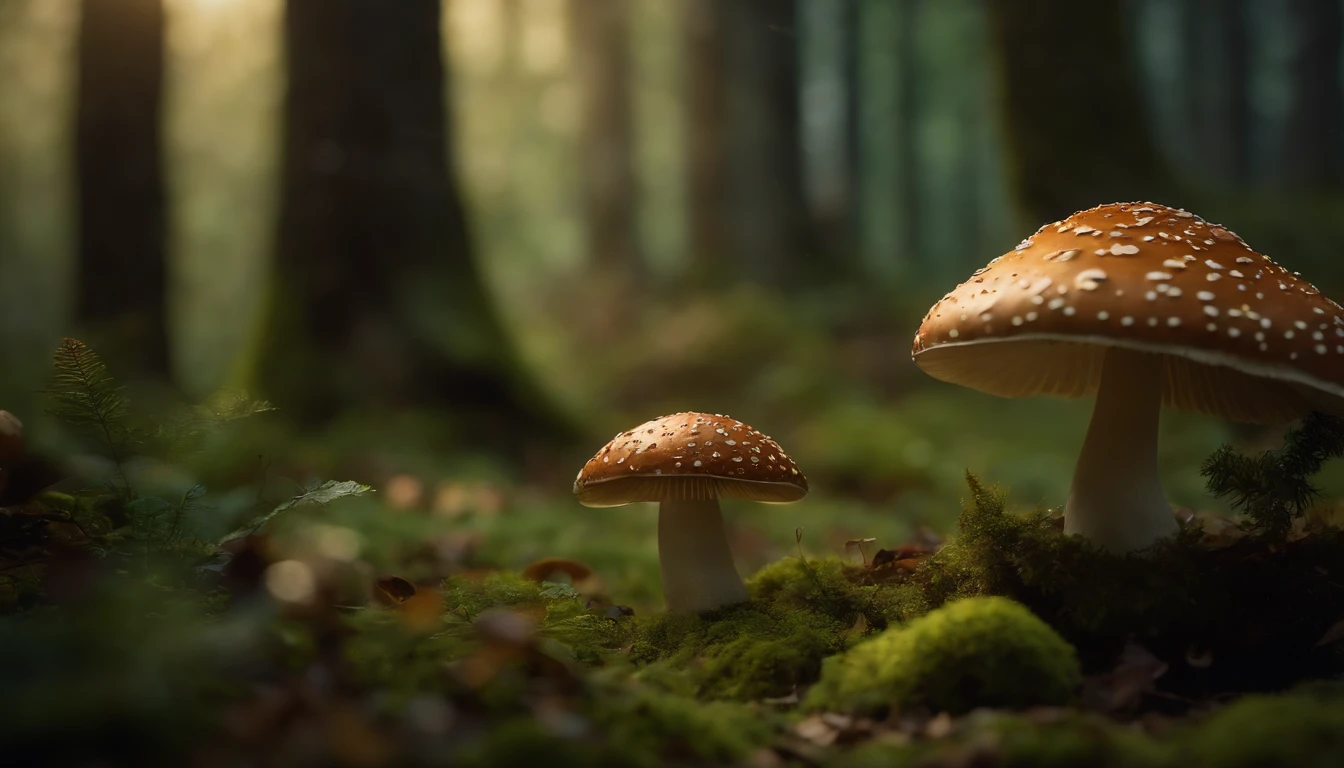 A whimsical, fairytale-inspired scene set in a magical forest, where vibrant mushrooms dot the forest floor and woodland creatures adorn the trees with twinkling lights.