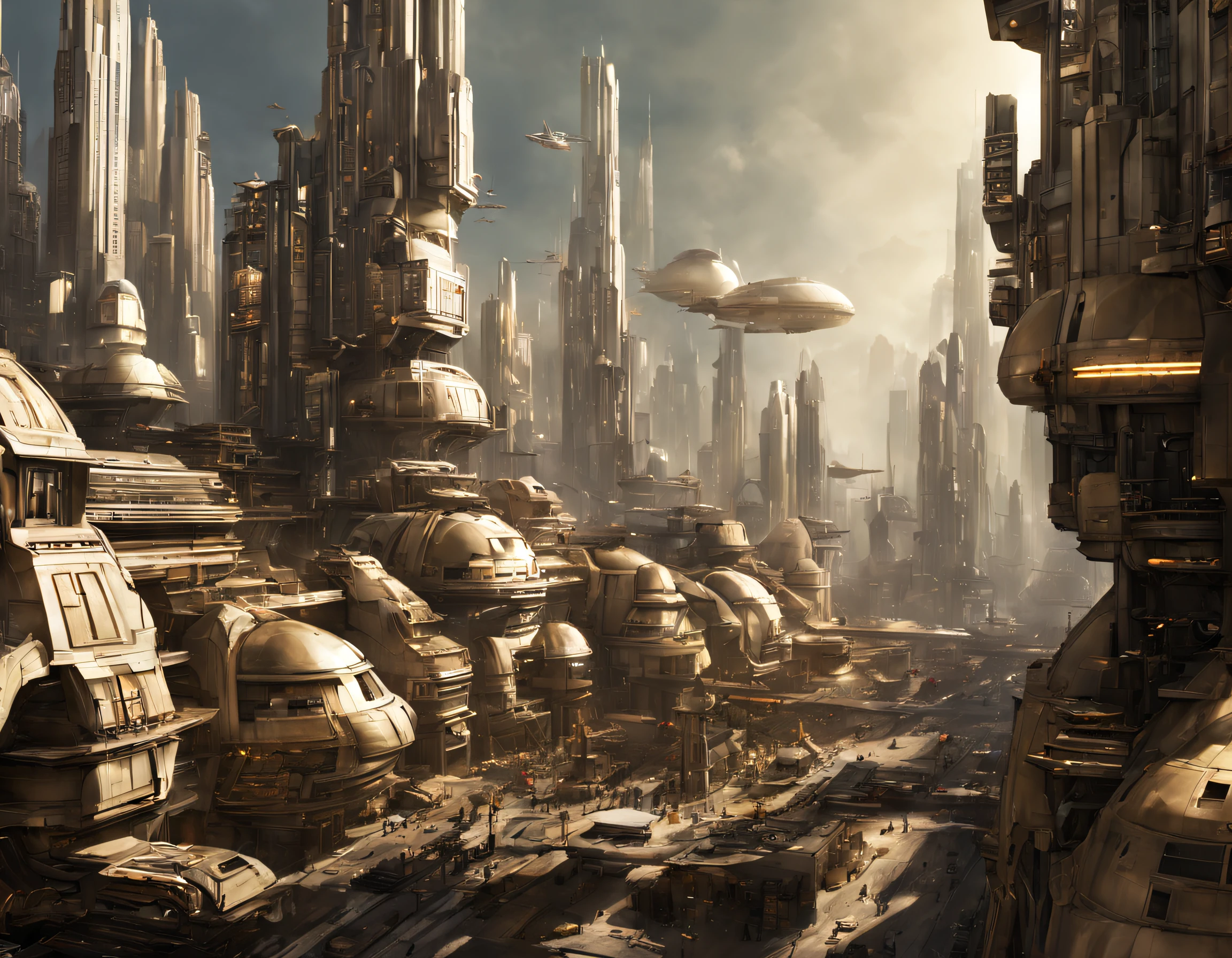 The city of Coruscant from Star Wars as designed by Doug Chiang, futuristic fantasy city with immense buildings of technological design (que forman una avenida infinita), edificios compactor no difuminados, con estructuras acristaladas en plata, oro y bronce espectaculares, (con colores vivos). pavimento ensolado (sin brillo). gente paseando. imagen bien definida con muchos edificios juntos. imagen nitida bien definida 8k. los edificios llegan alta el fondo.,8k. imagen cinematografica. iluminacion hora dorada. calidad superior. (obra maestra).