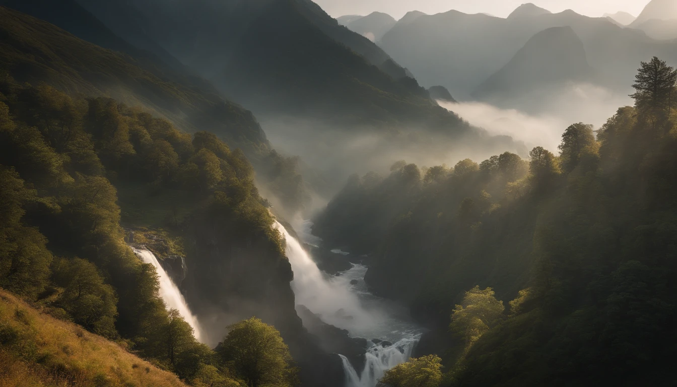 A rustic, mountainous landscape with jagged peaks, cascading waterfalls, and a tranquil river winding its way through the valley, all blanketed in a soft haze of morning mist.