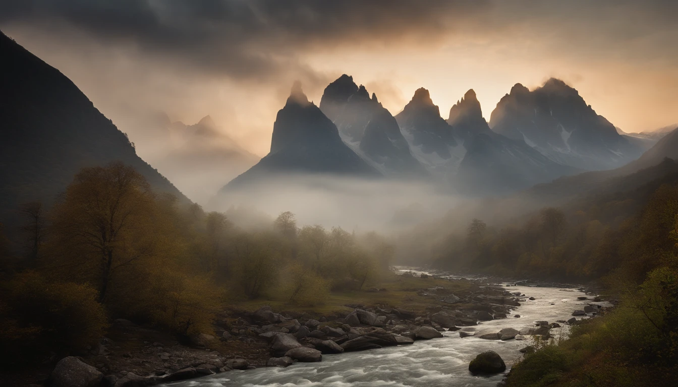 A rustic, mountainous landscape with jagged peaks, cascading waterfalls, and a tranquil river winding its way through the valley, all blanketed in a soft haze of morning mist.