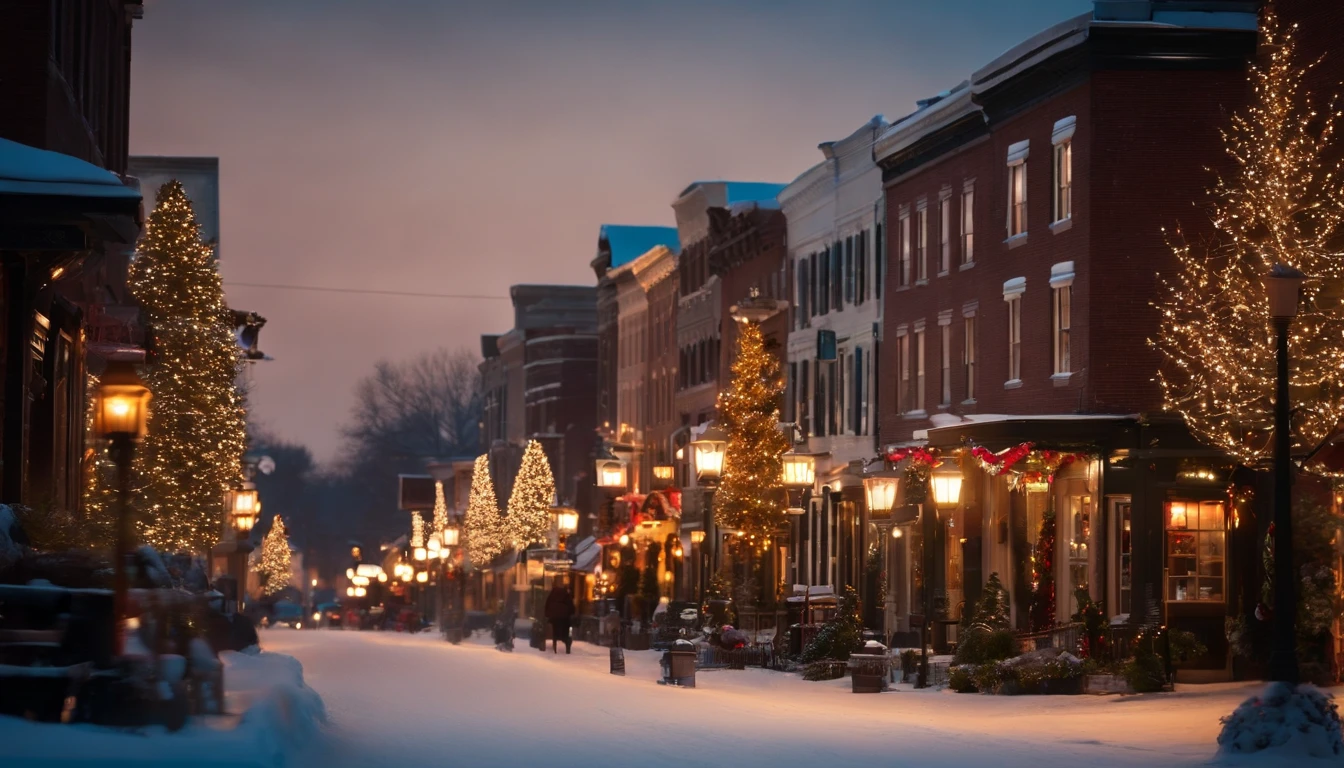 A charming, small-town street covered in a fresh blanket of snow, lined with quaint shops, twinkling streetlights, and cheerful holiday decorations.