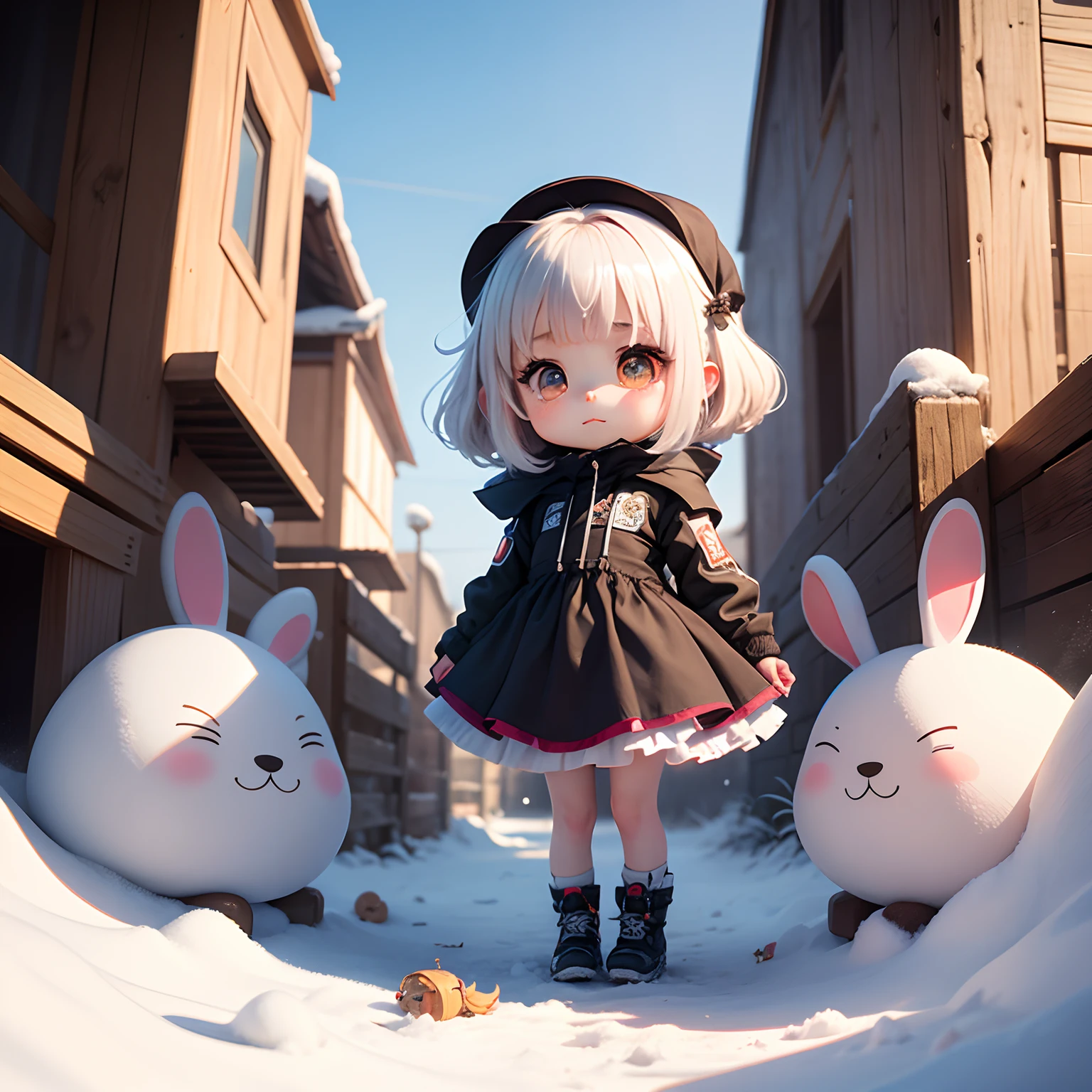 ​masterpiece、top-quality、ultra-detailliert、(Chibi Chara's Daughter:1.2)、White bob bunny girl with remnants of winter