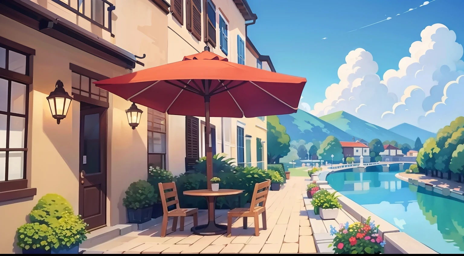 Beautiful landscape painting、Cafe terrace seating、blue-sky、ultra-quality、masutepiece、Natural Color、Brown dog drinking coffee