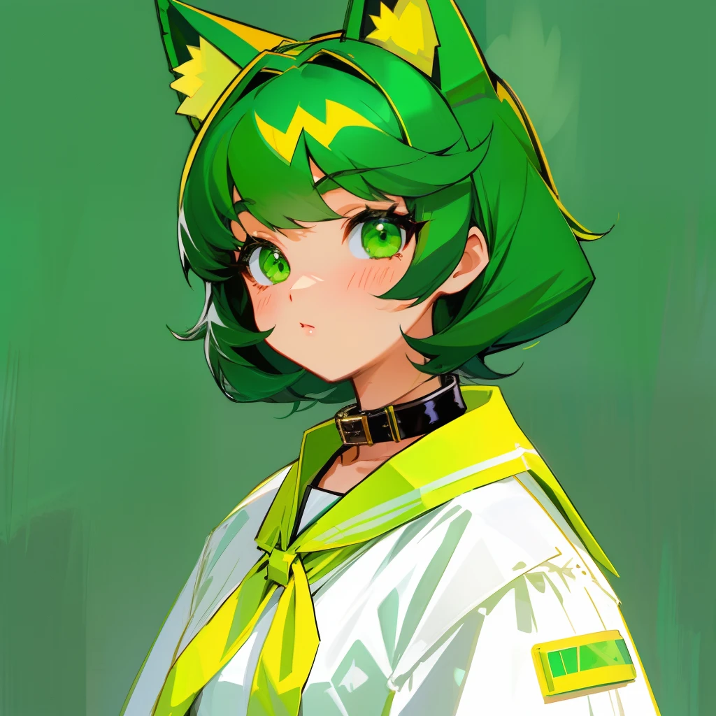 I wore a green slave collar around my neck、Cute girl with black hair and green eyes