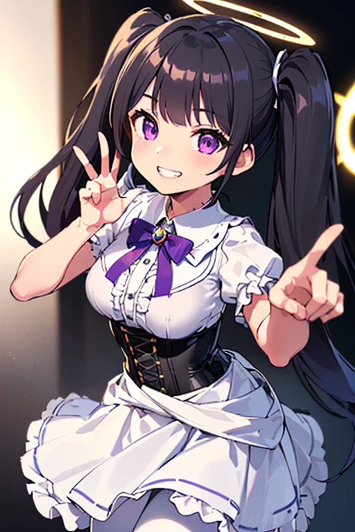(dynamic angle, hand sign, white skirt,black hair, twintails, white skirt,white pantyhose,corset, 8K, masterpiece,detailed halo, highly detailed delicate face, , medium breast, round eyes,wing on the waist,purple eyes,god ray,detailed shading,depth of field, smile with grin, happy:1.2)