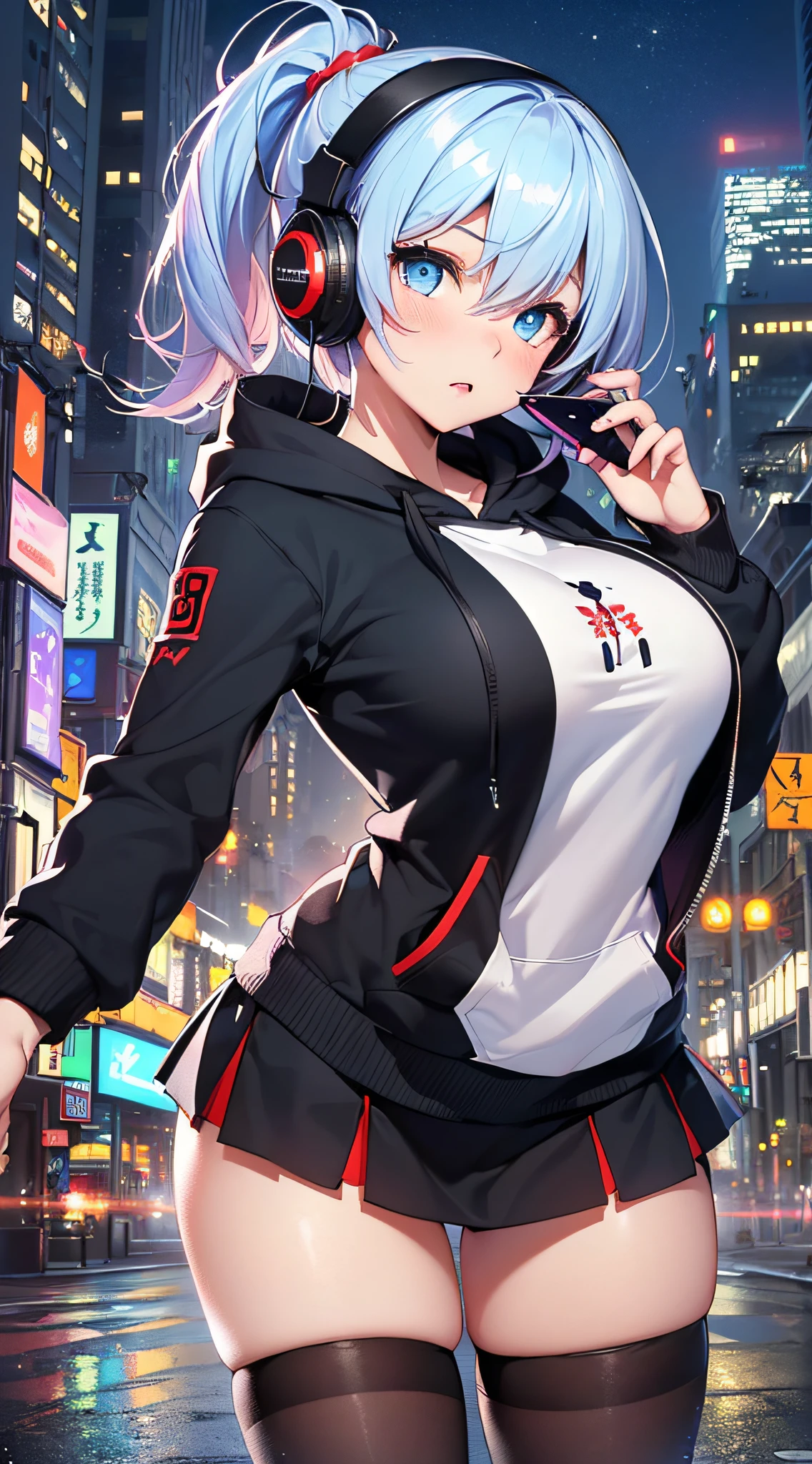 top-quality、Top image quality、​masterpiece、girl with((18year old、Best Bust、big bast,Beautiful blue eyes、Breasts wide open, Blue ponytail、A slender、Large valleys、Reflecting the whole body、Red face、Shining eyes、Headphones on the head,Black hoodie、Black short skirt、head phone、Have a smartphone、Fly the drone)）hiquality、Beautiful Art、Background with((A city that shines at night、Downtown、Giant monitor、Multiple Laser Points、Warning Pictures)))、,masutepiece、visualart、depth of fields、