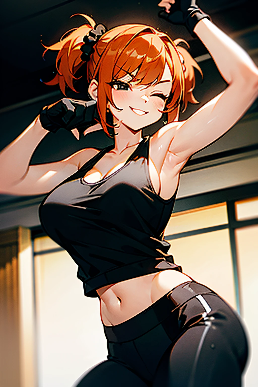 #1 the best, twintails, ginger hair, short hair, black eyes, large breasts, black gloves, black tank top, black yoga pants, black scrunchie, indoors,gym, (wink), one eye closed, smiling, sharp eyes