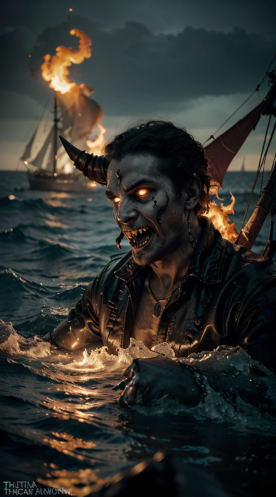 (demon prince:1.1) in (flames:1.2),(mocking laughter:1.1), (ghouls) and (demons) in a (foaming sea),(ghosts) looming in the background as a (sailing nightmare:1.2). The (best quality) image depicts the (demon prince) surrounded by intense (flames) that illuminate his fearsome presence. The flames dance with a mesmerizing glow, casting eerie shadows across the scene. The demon prince's (eyes) glow with a menacing light, reflecting his malevolent nature. His (horned head) is adorned with intricate details and his (sharp fangs) are revealed as he unleashes his mocking laughter.
In the backdrop, (ghouls) and (demons) emerge from the swirling (foaming sea), creating a nightmarish ambiance. They are depicted with grotesque features, their twisted forms accentuated by the (best quality, ultra-detailed) rendering. Looming behind them, (ghosts) with ethereal appearances add to the haunting atmosphere. The (sailing nightmare) ship is seen in the distance, its tattered sails billowing in the wind as it cuts through the turbulent waters.
The (artistic style) of the image leans towards (horror) and (dark fantasy), showcasing the macabre beauty of the demonic realm. The overall color palette is dominated by fiery hues of orange, red, and yellow, emphasizing the infernal nature of the scene. The (lighting) is dramatic, with the flames casting deep shadows and illuminating the characters with a sinister glow.