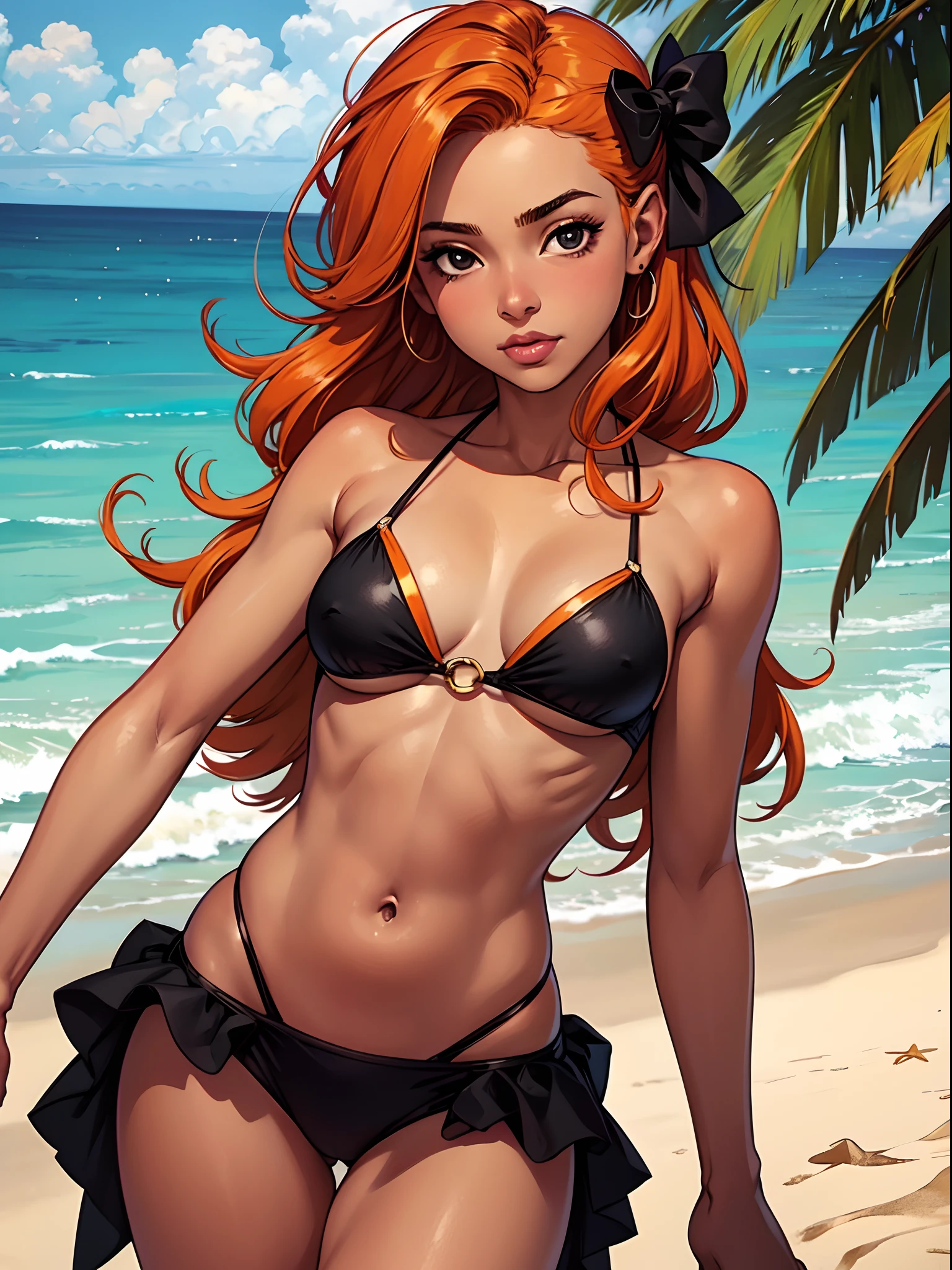1girl, petite body, black skin tone, dirty orange hair, small chest, portrait, black eyes, Bikini, beach background, best quality, quality at best, belly fat