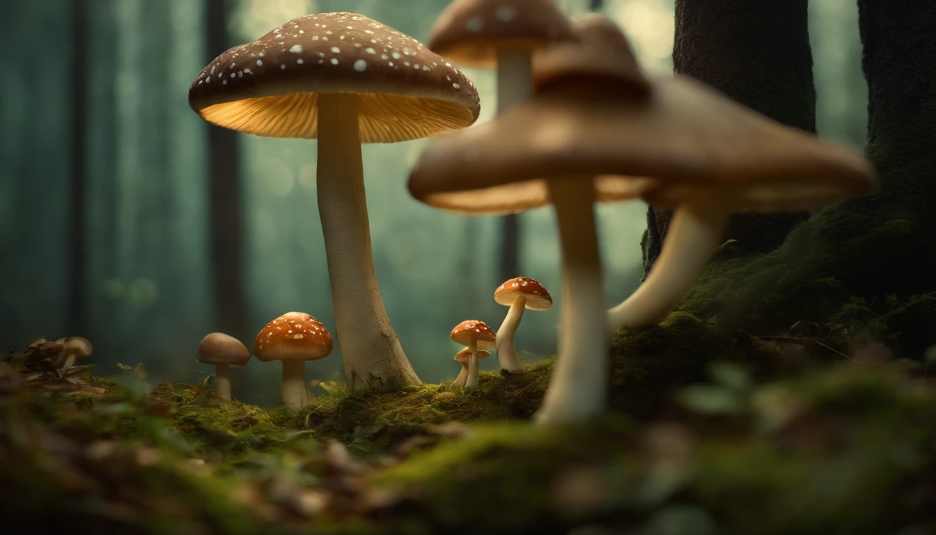 Funny forest fairies at night under large mushrooms, , No estilo do Unreal Engine 5, Duffy Sheridan, UHD 32k, Douglas Soares, Miguel Malm, Hyper-realistic representation, fechar para cima, cinematic lighthing, moon illumination, magic powder, brilho