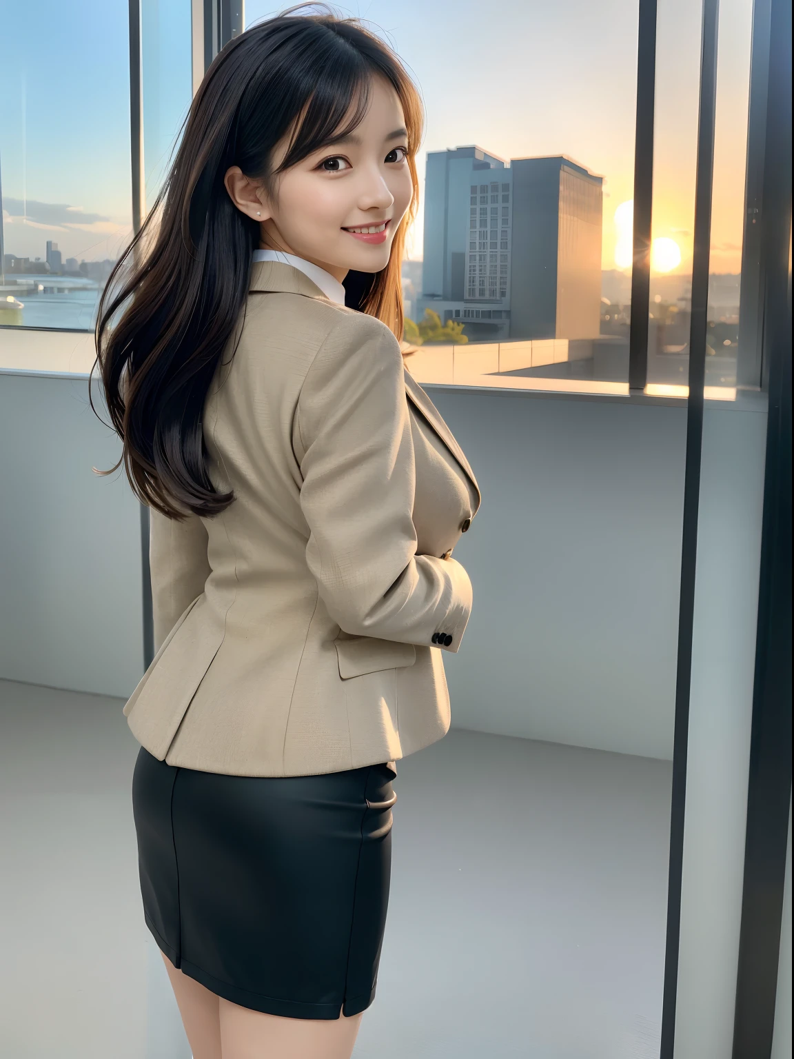 (masutepiece:1.3), (8K, Photorealistic, Raw photo, Best Quality: 1.4), Japanese, (1girl in), Beautiful face, (Realistic face), (Black hair), Beautiful hairstyle, Realistic eyes, Beautiful detailed eyes, (Realistic skin), Beautiful skin, Attractive, 超A high resolution, A hyper-realistic, Highly detailed, Golden ratio, (Full body:1.37), (Woman in pencil skirt and suit jacket with attention to detail:1.4), (Office Lady), professionattire, high-heels, (Happy smile:1.3), (long straight hair with a flowing shine,,,,,,,,,,,,,,,,,:1.3), BREAK, (huge-breasted, Big ass:1.3), Scenery, (Beautiful sunrise background:1.2), from behind, Backshots, Arched back, (arms behind back), Beautiful detailed eyes, Looking at Viewer, From below, (No makeup), (Cute), Photon mapping, (Professional Lighting), finely detail, (Children's Panties) ), (skirt rift:1.1),