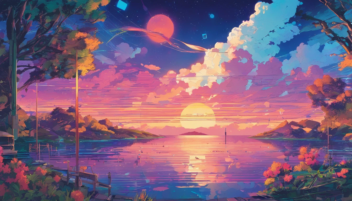 1 girl, eye, close up, Beautiful night sky, meteor shower, Beyond the Clouds, Enclosed water, Reflectors, Wide Angels, Breathtaking clouds, Wide Angle, by makoto shinkai, tomas kinkade, by james gilleard, by Holosomnia Landscape, nffsw, Volumetric lighting, Ray tracing, with an intricate, high details, Very detailed, deviantart, 4k vertical wallpaper,, Colorful, airy, Anime Illustration, anime nature wallpaper