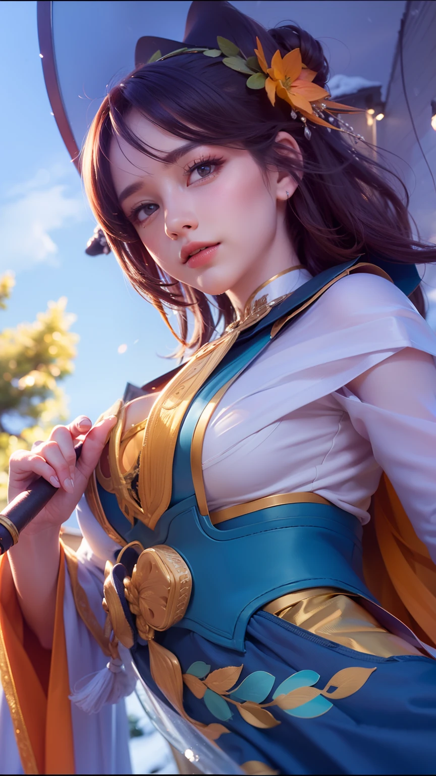 best quality,4k,8k,highres,masterpiece:1.2,ultra-detailed,photorealistic:1.37,landscape,portraits,professional,sharp focus,vivid colors,HDR,physically-based rendering,bokeh,studio lighting,extreme detail description,realistic digital painting,Northern Lights,snow-capped mountains,crystal clear lake,swaying pine trees,serene atmosphere,majestic beauty,sunlight pouring through clouds,subtle color transitions,delicate brushstrokes,dramatic depth of field,peaceful solitude,harmonious color palette,ethereal glow,meticulous attention to detail,audience captivated,breathtaking scenery,impeccable level of realism,awe-inspiring landscape,serenity depicted in every stroke,(large D breast and exsposed cleavage: 1.6),naughty smile,red lips,bright yellow eyes,