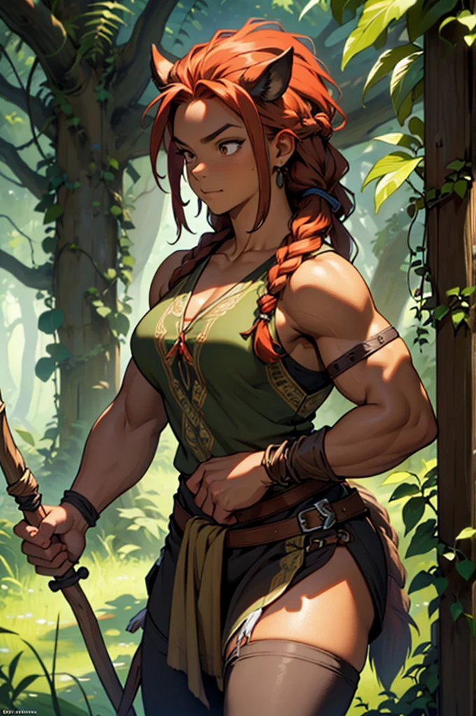 Art in colorful style Alex Horley, robust and muscular short dwarf girl, brown skin red dreadlock hair and braid, rustic attire leaves and vines, with a rustic spear in one hand, a pet boar, in the Amazon forest, ultra HD images.
