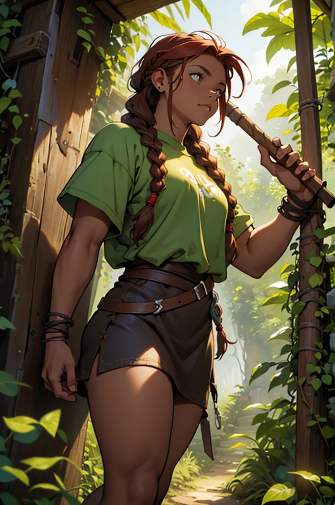 Art in colorful style Alex Horley, robust and muscular short dwarf girl, brown skin red dreadlock hair and braid, rustic attire leaves and vines, with a rustic spear in one hand, a pet boar, in the Amazon forest, ultra HD images.