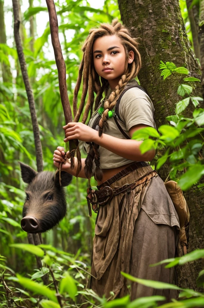 Art in colorful style Alex Horley, robust and muscular short dwarf girl, brown skin red dreadlock hair and braid, rustic attire leaves and vines, with a rustic spear in one hand, a pet boar, in the Amazon forest, ultra HD images.