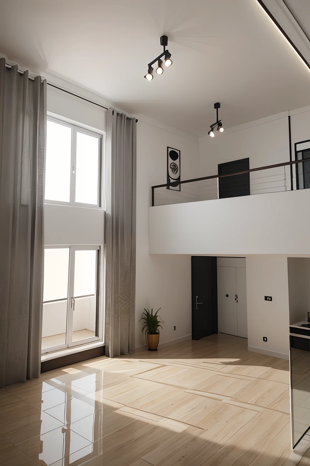 Fazer uma casa 3d, with high ceilings, estilo industrial, moderno e minimalista com o projeto na imagem