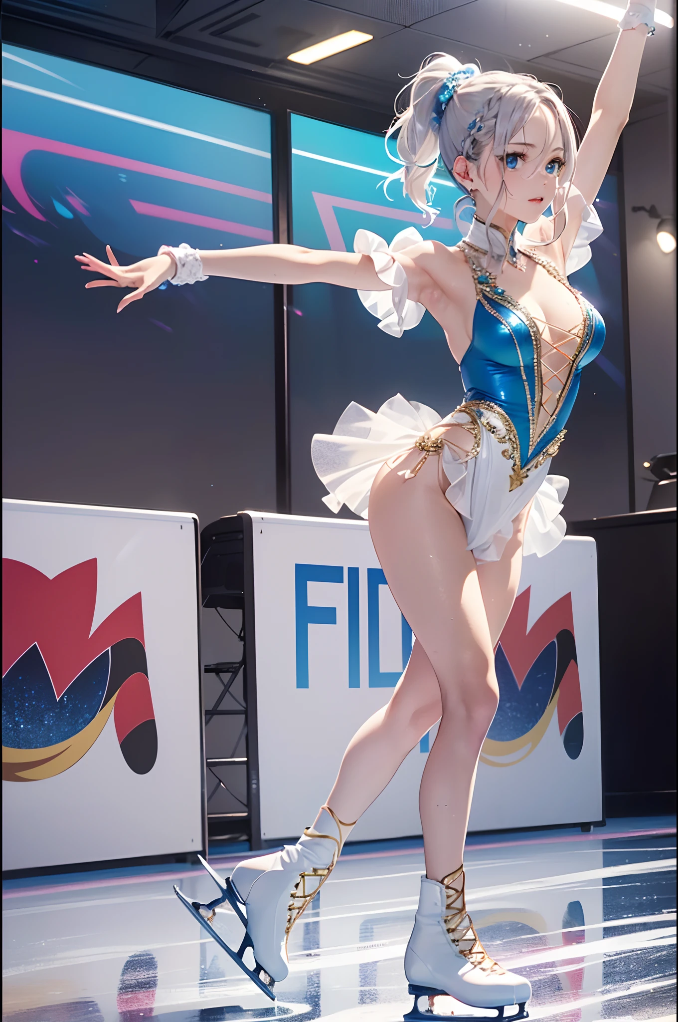 (Official art、Best Quality、Unity 8k Wallpapers、32K、masterpiece、ultra-detailliert、超A high resolution、realisitic、Photorealsitic:1.2)、(Cinematic lighting:1.2)、(Full body)、Realistic pupils、Sharp pupils、Blue and white figure skating costume、While skating、frilld、foco nítido、(Self-filling appearance:1.2)、I opened my mouth a little、A slight smil、There were a lot of people in the audience、It has an enthusiastic audience、(braided ponytails、Silvery beautiful hair、Ice blue eyes)、(Play Figure Skating、Stretch your arms and glide:1.2)、thighs thighs thighs thighs、(Sweating:1.2)、