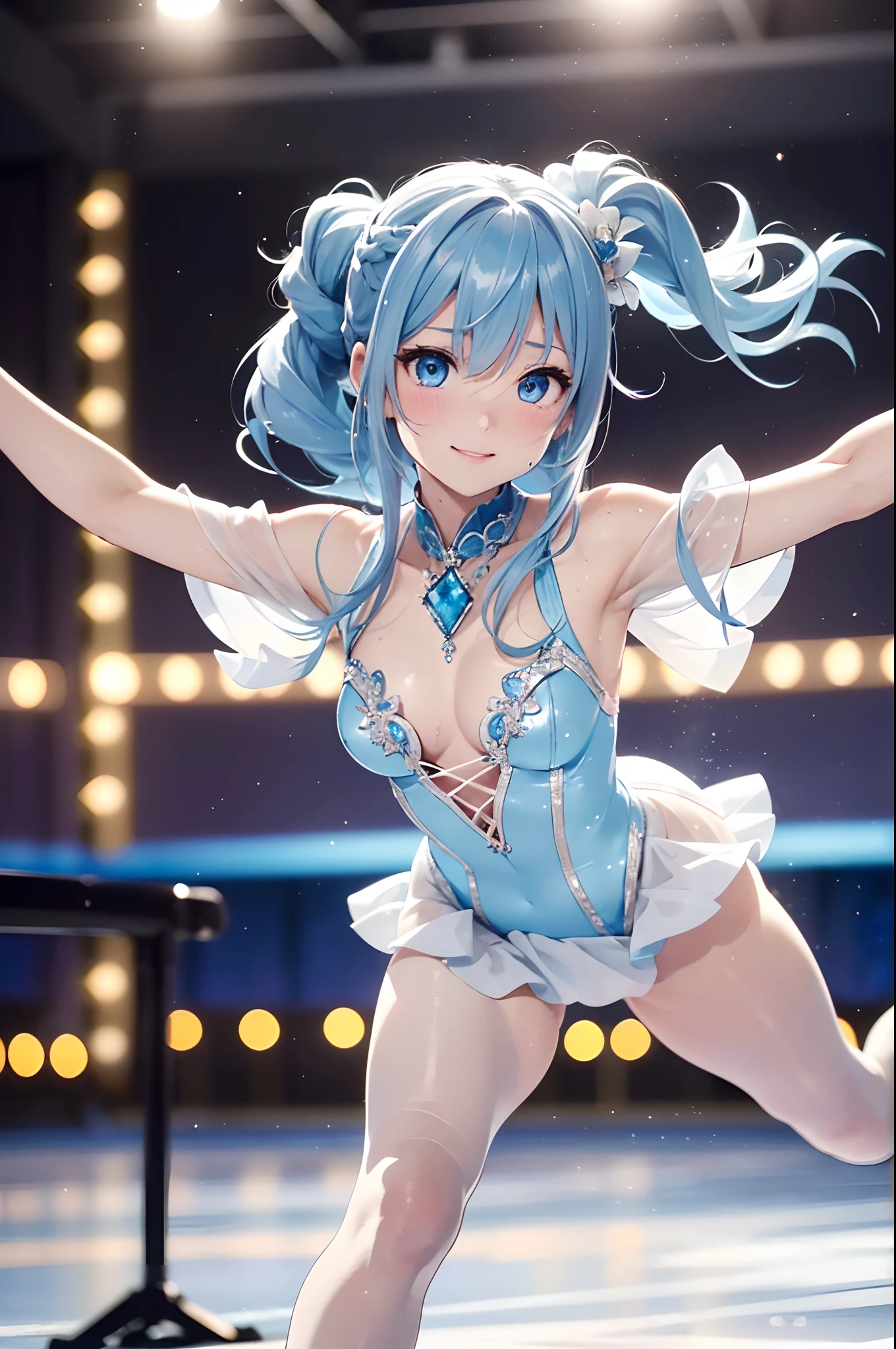 (Official art、Best Quality、Unity 8k Wallpapers、32K、masterpiece、ultra-detailliert、超A high resolution、realisitic、Photorealsitic:1.2)、(Cinematic lighting:1.2)、(Full body)、Realistic pupils、Sharp pupils、Blue and white figure skating costume、While skating、frilld、foco nítido、(Self-filling appearance:1.2)、I opened my mouth a little、A slight smil、There were a lot of people in the audience、It has an enthusiastic audience、(braided ponytails、Silvery beautiful hair、Ice blue eyes)、(Play Figure Skating、Stretch your arms and glide:1.2)、thighs thighs thighs thighs、(Sweating:1.2)、