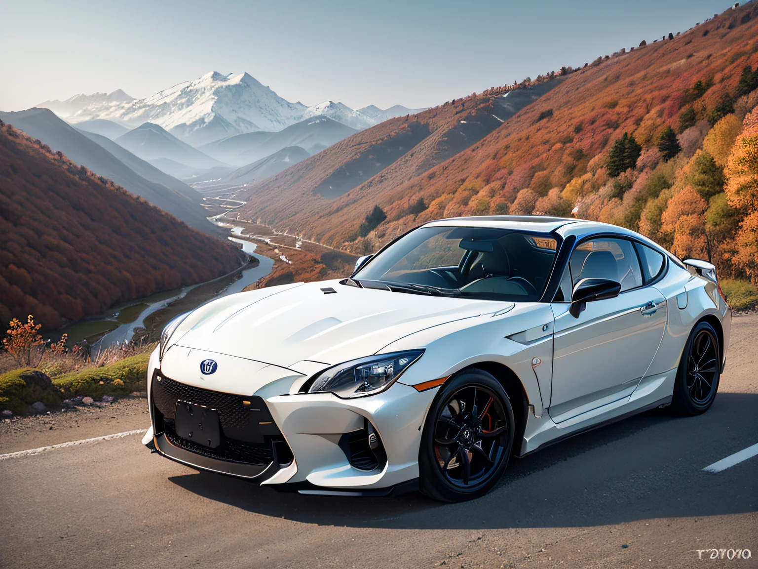 超A high resolution、An ultra-high picture quality、8K、Detailed details、marvelous expression、Late autumn valley、Beautiful autumn leaves、A white car driving gracefully on a mountain pass built along the mountain、((Toyota 2000GT))