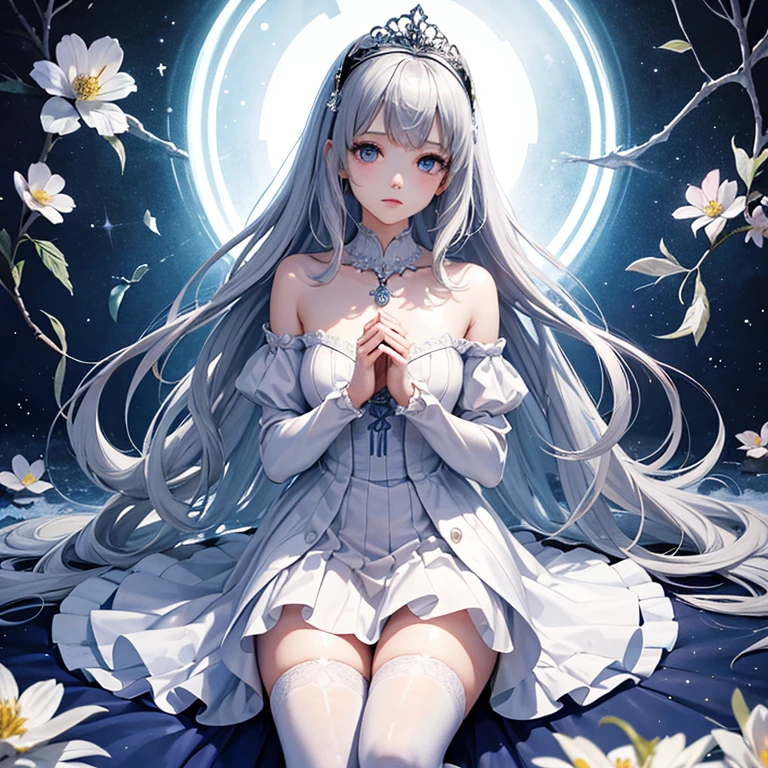 extremely delicate and beautiful girl, intricate detailes, Extremely delicate and beautiful, An ultra-fine illustrations, Whole body, Girls Front, focus on girl, sitting on a blue star, Petite, 1 girl, Young girls, Detailed long hair, hair with flower, Air bangs, Beautiful and detailed rune tails, Hair intake, White and silver hair, snowflakesdetailed cute anime face, ^ ^, complex details beautiful and delicate eyes, Perfect hands, tiny chest, zettai ryouiki, Beautiful accessories, Highly detailed gorgeous tiara, Beautifully gorgeous necklace, Beautiful detailed flowers, pleated dress, cross-laced footwear, sparkle,Surrounded by flowers, bubble,dreamcore, HD Background, Details Light 1 Girl, hyper quality, Wallpaper 8k CG, Gorgeous and rich graphics,