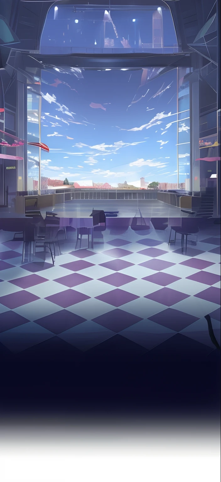 There was a big room，There is a checkered floor and a clock, ballroom background, Anime background art, mall background, arena background, colorful anime movie background, dance hall background, anime backgrounds, anime movie backgrounds, volley court background, highschool background, town center background, anime background key visual, interior background art, gymnasium background, Anime landscape concept art, random background scene