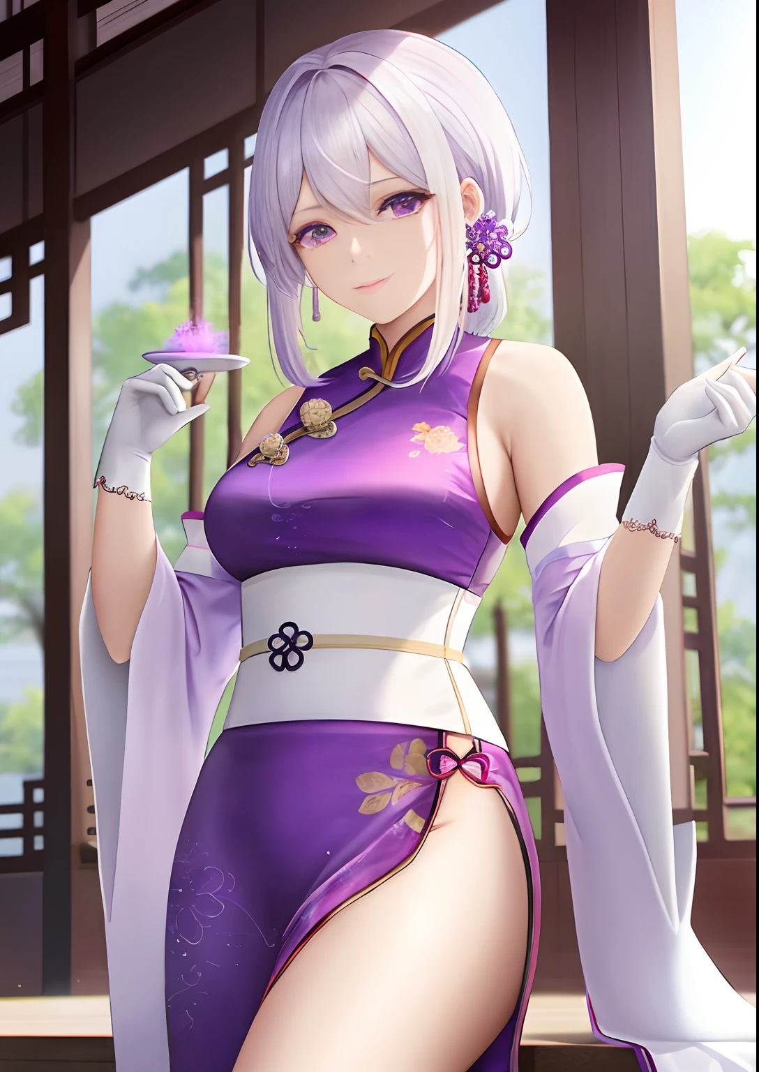 A woman,Watching the view,,White hair,Wear purple Hanfu,Long white gloves are worn on the elbows,Chinese Ancient Architecture
