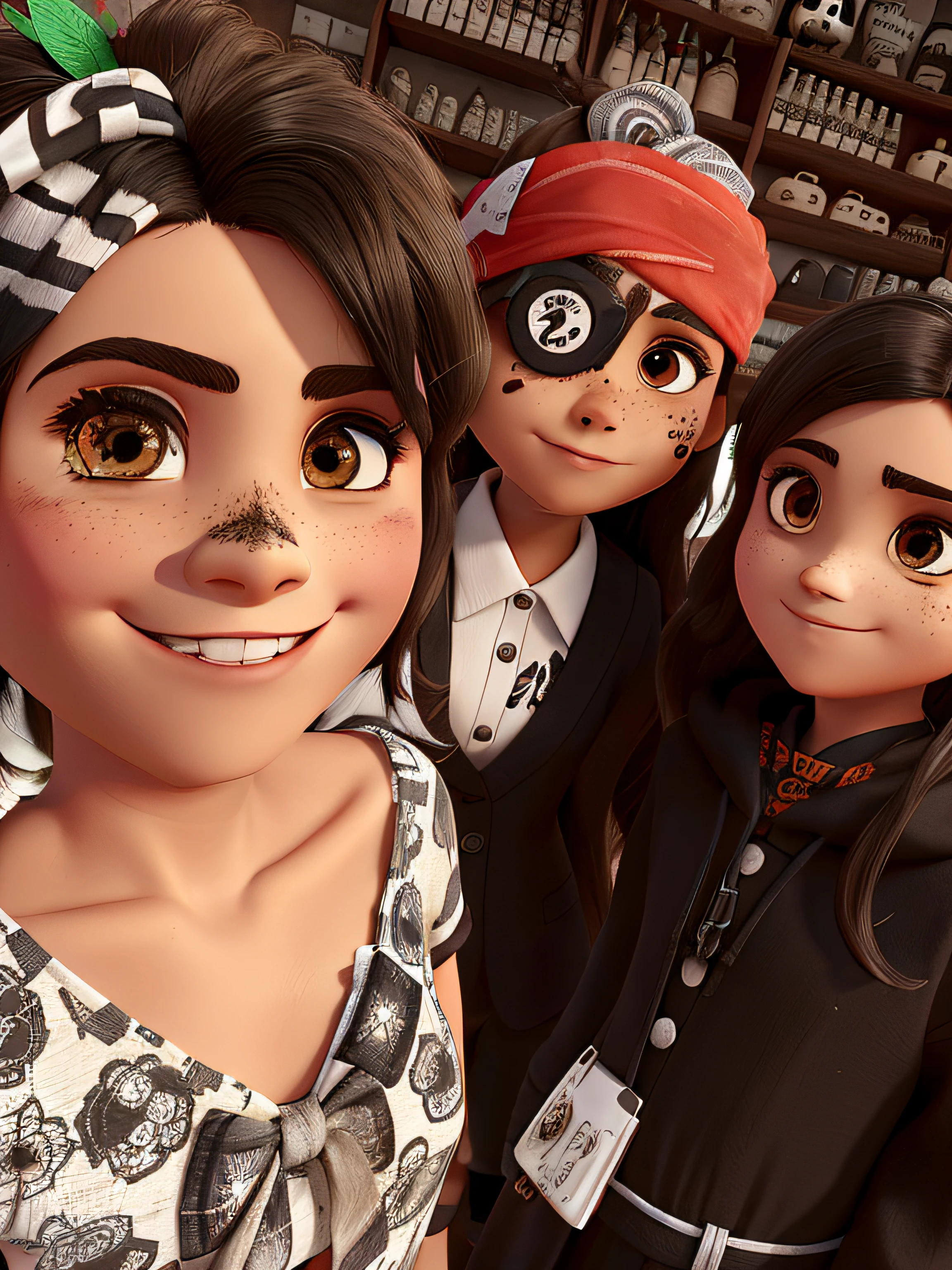 1Girl on the left, Hair tied up a detail on the head of bone hand, vestido com detalhes de caveira olhos castanhos claros com maquiagem preta nos olhos esfumada, batom vermelho, moca no meio atras de todas vestida de pirata com um bandana vermelha, um tapa olho no olho esquedo com uma caveira uma pinta na bocheca direita embaixo do olho, batom vermelho  3 moca toda de preto, capa preta, dentes de vampiro, batom vermelho, sangue escorrendo na lateral da boca lado esquerdo, fundo de halloween