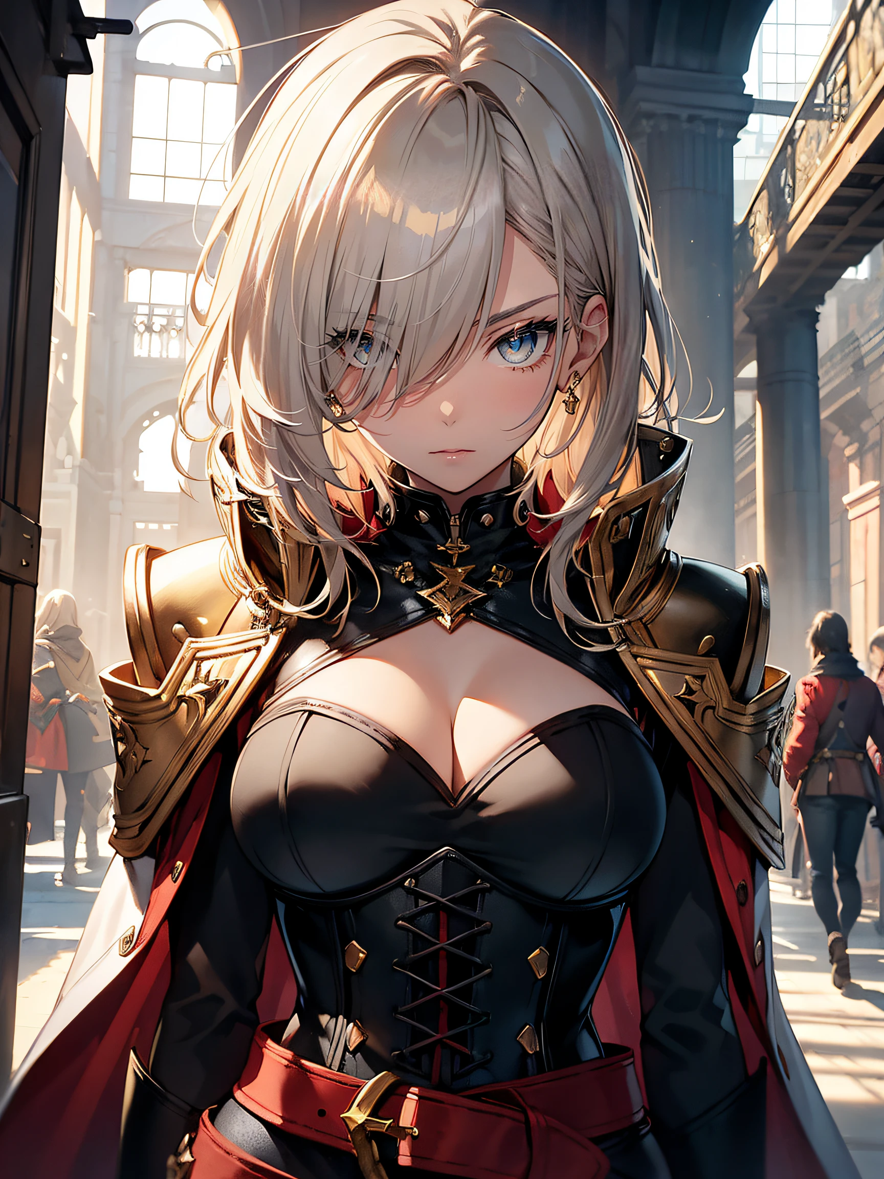 hiquality, hight resolution, ultra-detailliert, high-level image quality, hightquality, anime illustrated, (finely detailed beautiful eye: 1.2), Detailed eye depiction, (finely detailed eyes and detailed face:1.3), (extremely details CG, Best Shadow:1.1), Depth of field and blur, (Perfect Detail: 1.1) , digitial illustration, Enamel Art, Center, Watercolor painting, art stations, concept-art, character sheets, Lightning Wave, beautiful anime watercolors, Vibrant colors, Sharp Focus, art by:hyung tae kim, Fine detail, intricate detailes, highleg, Colossal tits, gargantuan butt、Curvaceous body, Detailed eye depiction, Vibrant colors, Sharp Focus, realistic skin textures、Whip body,Short cut hairstyle, (blonde) hair color, (black) eyeshadow, (nude) lip color, (red) and (black) checkered corset, (black) leather pants, (black) boots, Accessories are (silver) sword, (gold) belt, (red) cape, Background is inside a (white) and (gold) luxurious castle, facing soldiers in (blue) and (silver) armor.