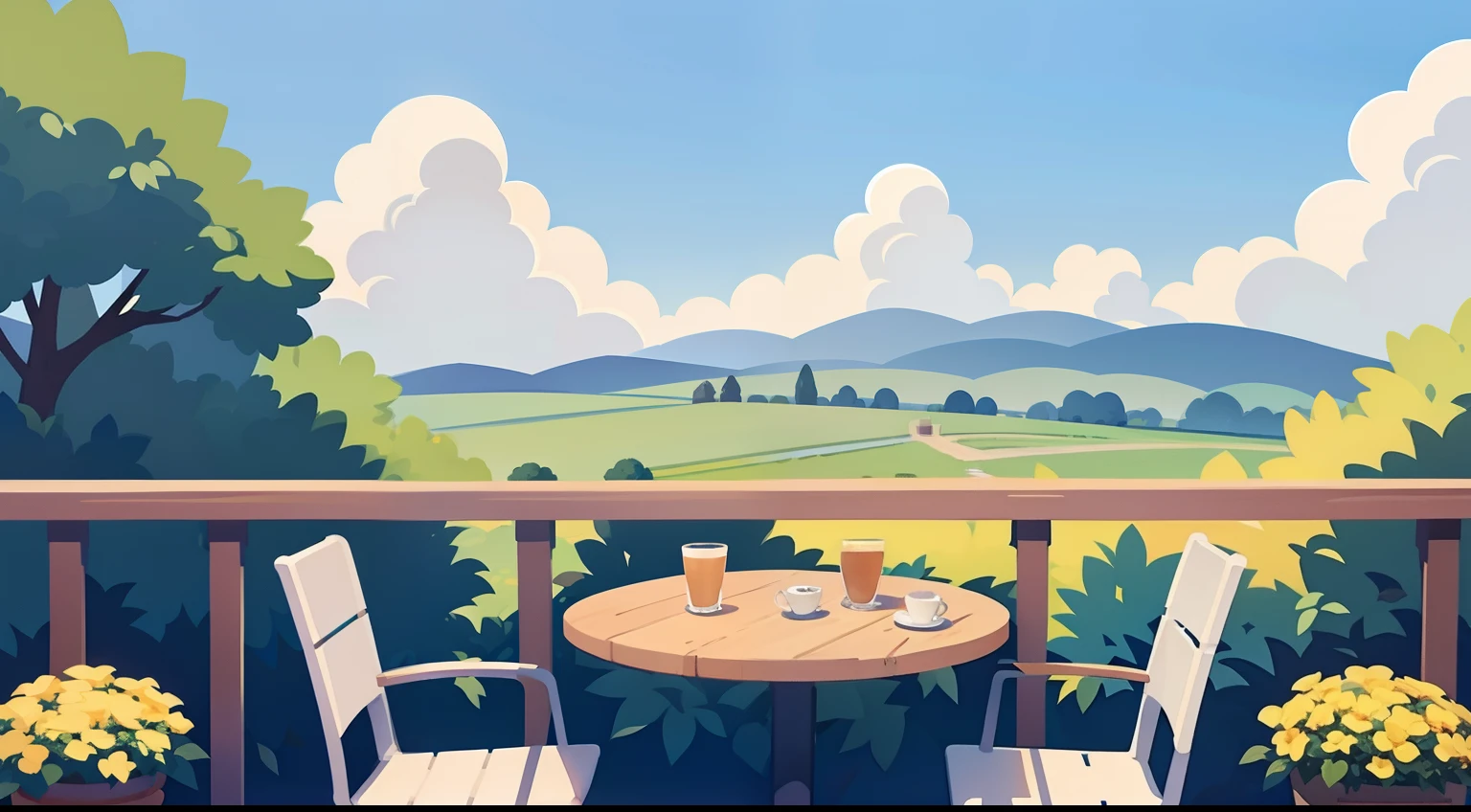 Beautiful landscape painting、Cafe terrace seating、blue-sky、ultra-quality、masutepiece、Natural Color、Brown dog drinking coffee