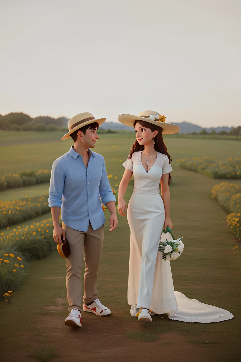 A couple standing on a lawn, se olhando apaixonados e sorrindo um para o outro. The woman with white wedding dress and hat, Holding a bouquet of honey-colored flowers; Man wears khaki pants, blusa azul, without a hat. They both wear sneakers.