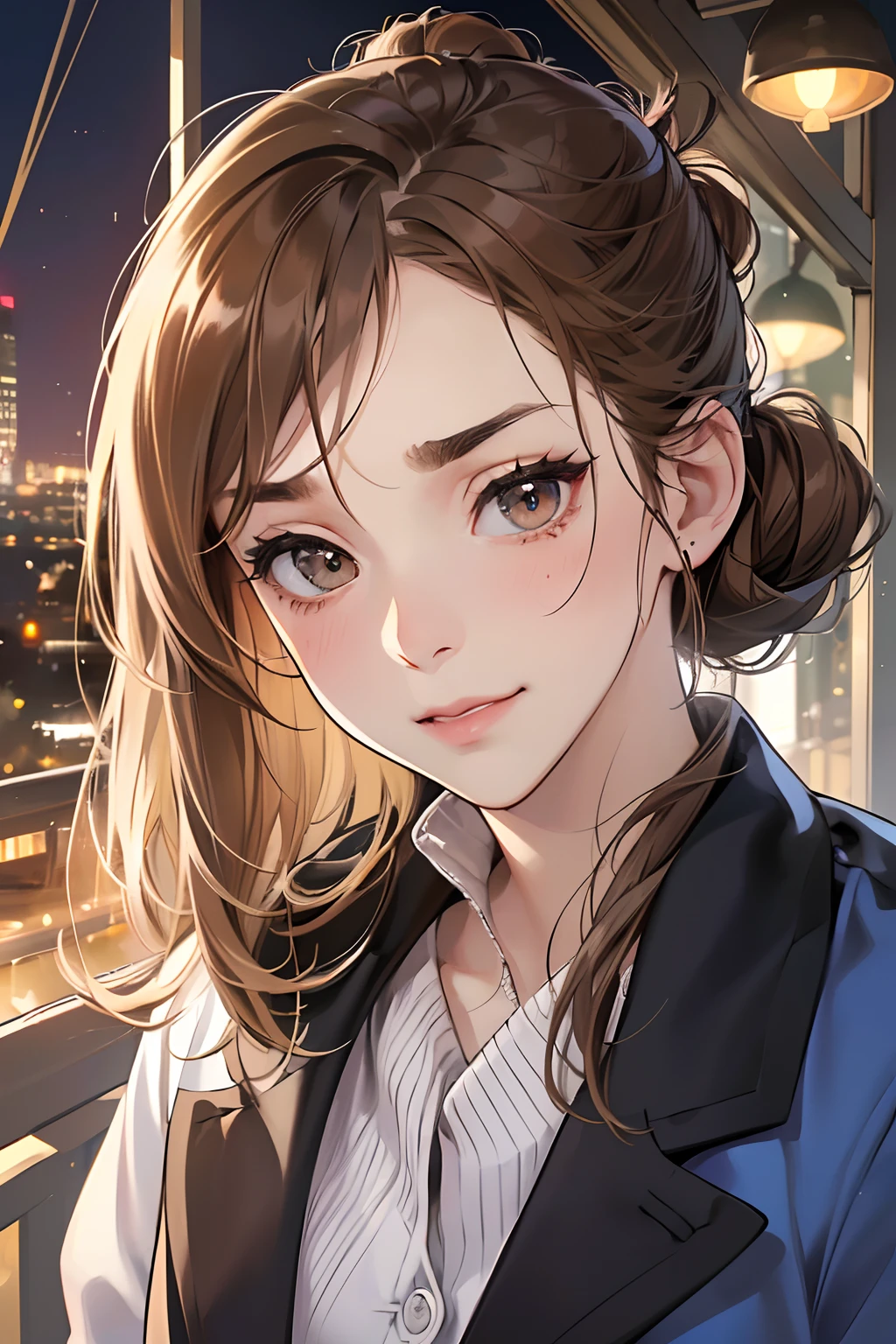 (masutepiece, Digital Art, Digital Illustration, 4K, 8K, Ultra-detailed, beautiful image, Sharp Image, Photorealistic, Raw photo, Perfect face, Perfect lines, Perfect eyes, Soft lighting) 1 woman, (lightbrown hair,Chignon hair in a high position,Innocent look,Lowered eyebrows,drooping eyebrows,drooing eyes,cute large eyes,natural make up,kindly smile,Round jaws,23 y-o woman:1.3),Two handsome men in suits, (ember,Men in suits,well-muscled,Firm shoulder width,Adult male,Boyish hairstyle,English gentlemanly style,Man in his 30s with a cool expression,28-year-old man with bright smile:1.2),(Nervous,be shy,sleepy,embarrassed from:1.2),innocent smiles,(embarrassed from,Shy smile:1.1),Minato Mirai Dating、With the Ferris wheel in the background,merry-go-round、shopping、Frolicking