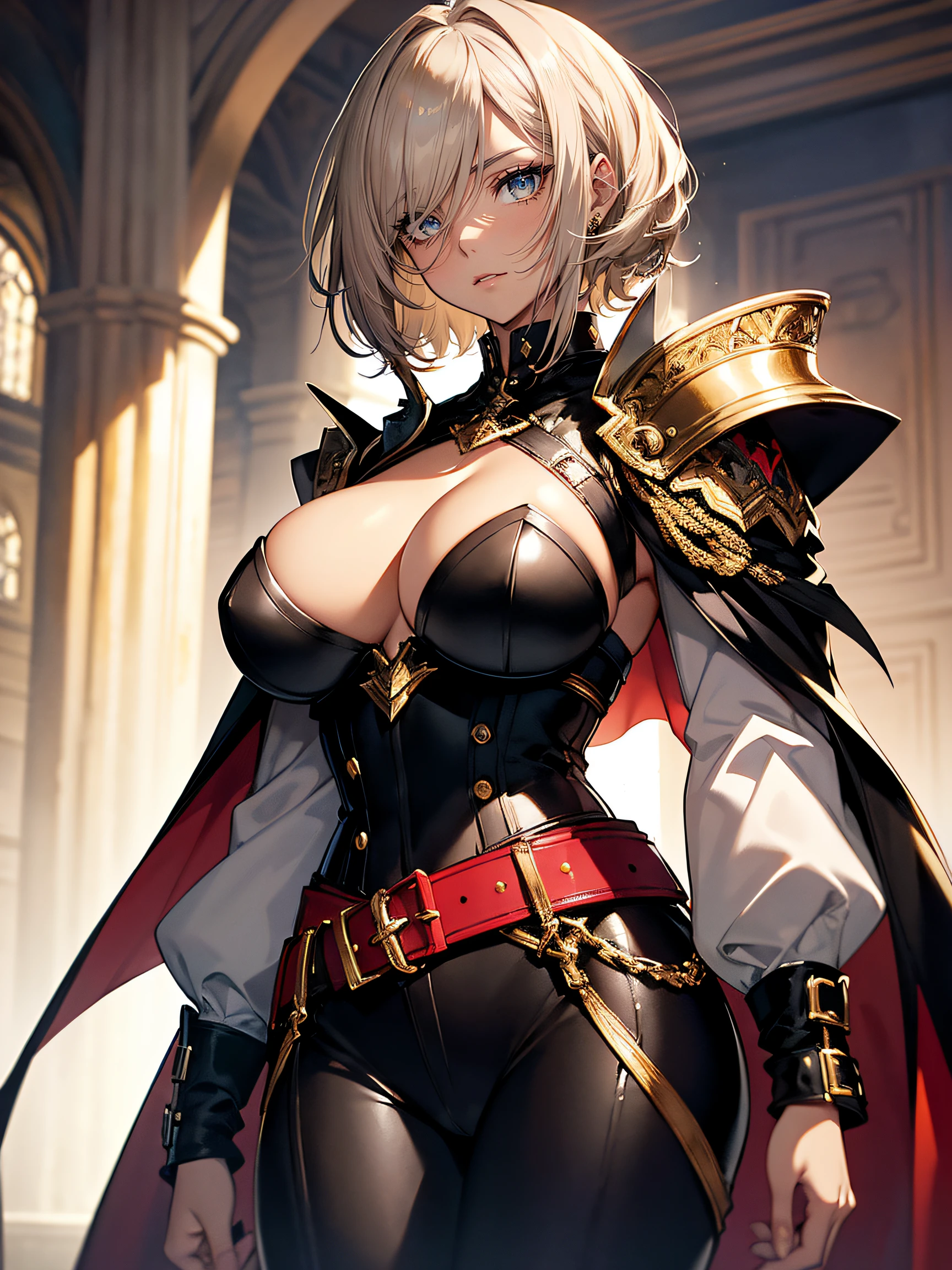 hiquality, hight resolution, ultra-detailliert, high-level image quality, hightquality, anime illustrated, (finely detailed beautiful eye: 1.2), Detailed eye depiction, (finely detailed eyes and detailed face:1.3), (extremely details CG, Best Shadow:1.1), Depth of field and blur, (Perfect Detail: 1.1) , digitial illustration, Enamel Art, Center, Watercolor painting, art stations, concept-art, character sheets, Lightning Wave, beautiful anime watercolors, Vibrant colors, Sharp Focus, art by:hyung tae kim, Fine detail, intricate detailes, highleg, Colossal tits, gargantuan butt、Curvaceous body, Detailed eye depiction, Vibrant colors, Sharp Focus, realistic skin textures、Whip body,Short cut hairstyle, (blonde) hair color, (black) eyeshadow, (nude) lip color, (red) and (black) checkered corset, (black) leather pants, (black) boots, Accessories are (silver) sword, (gold) belt, (red) cape, Background is inside a (white) and (gold) luxurious castle, facing soldiers in (blue) and (silver) armor.