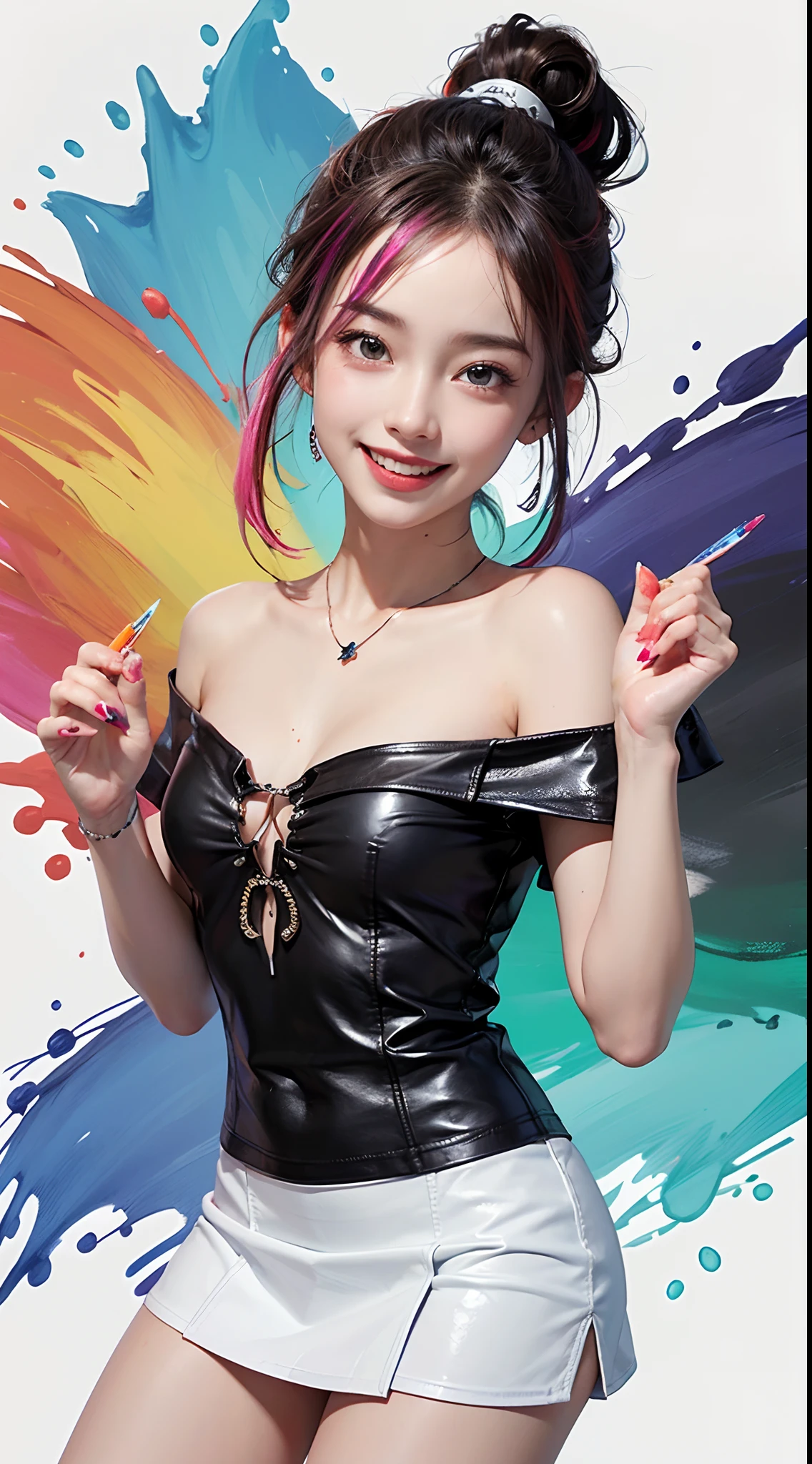 (solid background with vivid colored acrylic paint splashes:1.3), 1girl, (hair dyed with multiple colors:1.2), (ponytail hair), (small fresh, wipe chest), (white off-shoulder fashion T-shirt, leather mini skirt), (), (Highest Image Quality, Masterpiece), (lovely smile, excited), (sometimes hold a cat in her arms:0.6), dynamic pose