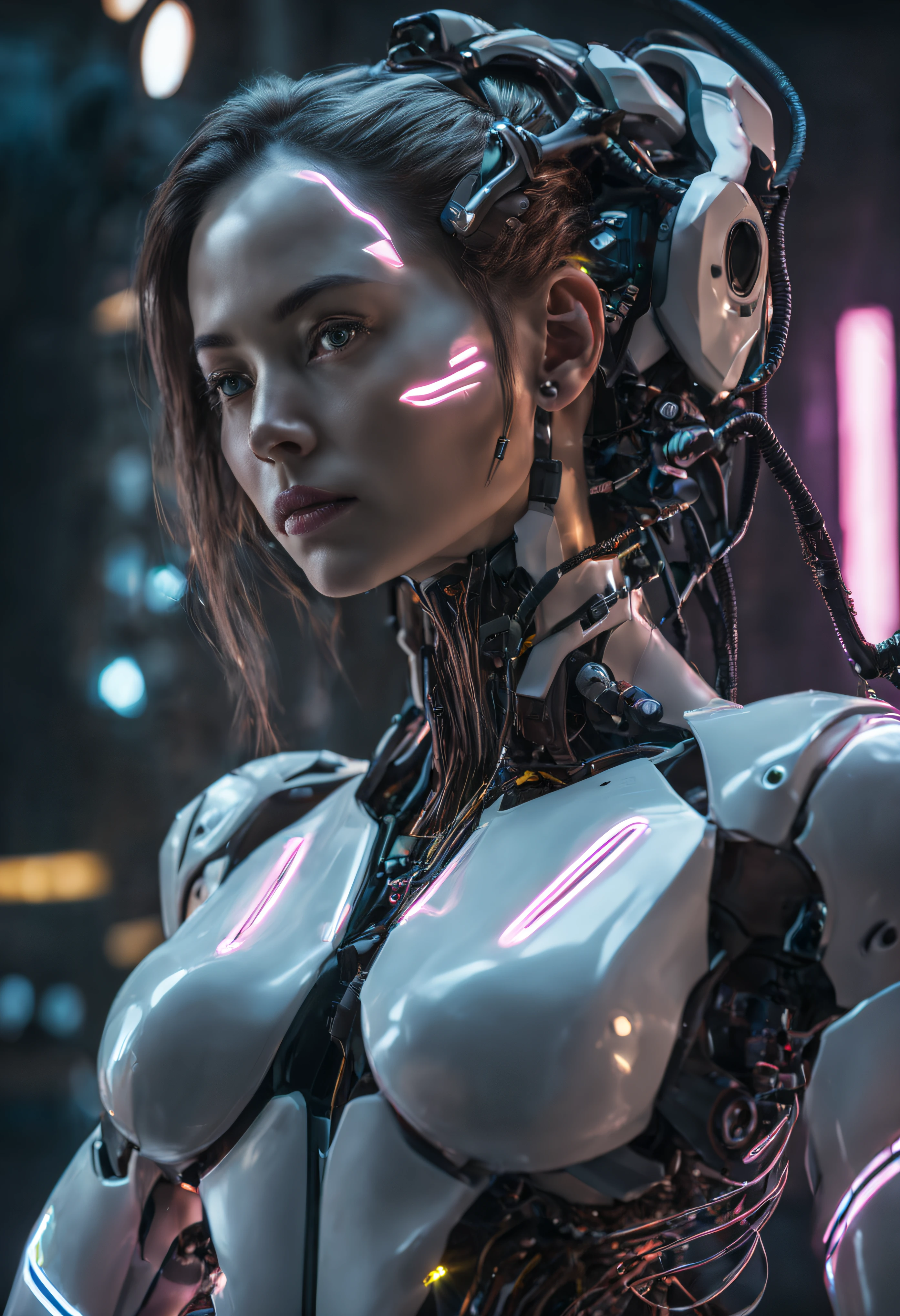 (cuerpo completo) mujer, rostro de Android, cíborg, Robotic Parts, perfecta luz suave de , luz de borde, detalles vibrantes, elegante cyberpunk, encaje, hiperrealista, anatomical, facial muscles, electrical wires, Small colored LED lights, se encuentra en centro de control de estacion espacial altamente tecnologica, (detalles intrincados de la maquina de alta calidad), estilo cinematografico, nitidez absoluta, imagen 8k.(obra maestra).