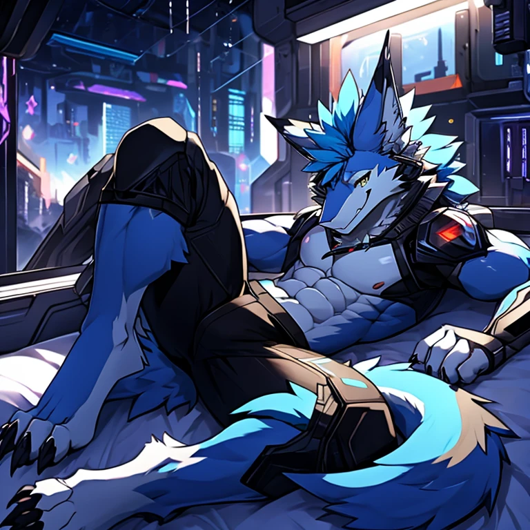 独奏，Male，Huge anthropomorphic furry Sergal characters，Wear only black shorts, ripped abs,, Black and white fur, Bright blue mohawk, A toothy and seductive smile, Cyberpunk interior background,sobu， scenic, Best quality, view the viewer, the sideview, Mecha core，Lie down in bed，Raised Legs，Cute wolf claws