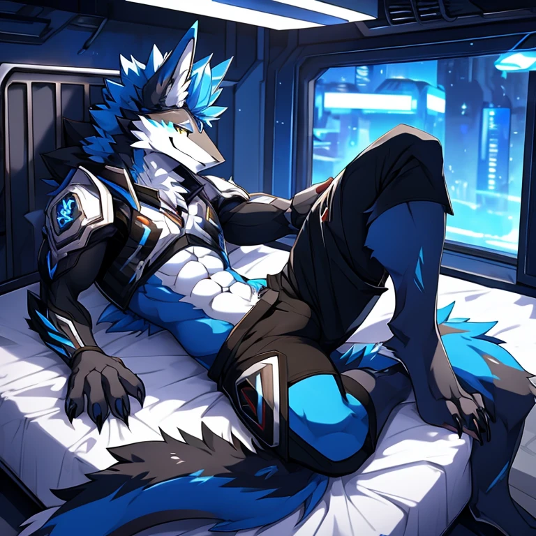 独奏,Male,Huge anthropomorphic furry Sergal characters,Wear only black shorts, ripped abs,, Black and white fur, Bright blue mohawk, A toothy and seductive smile, Cyberpunk interior background,sobu, scenic, Best quality, view the viewer, the sideview, Mecha core,Lie down in bed,Raised Legs,Cute wolf claws