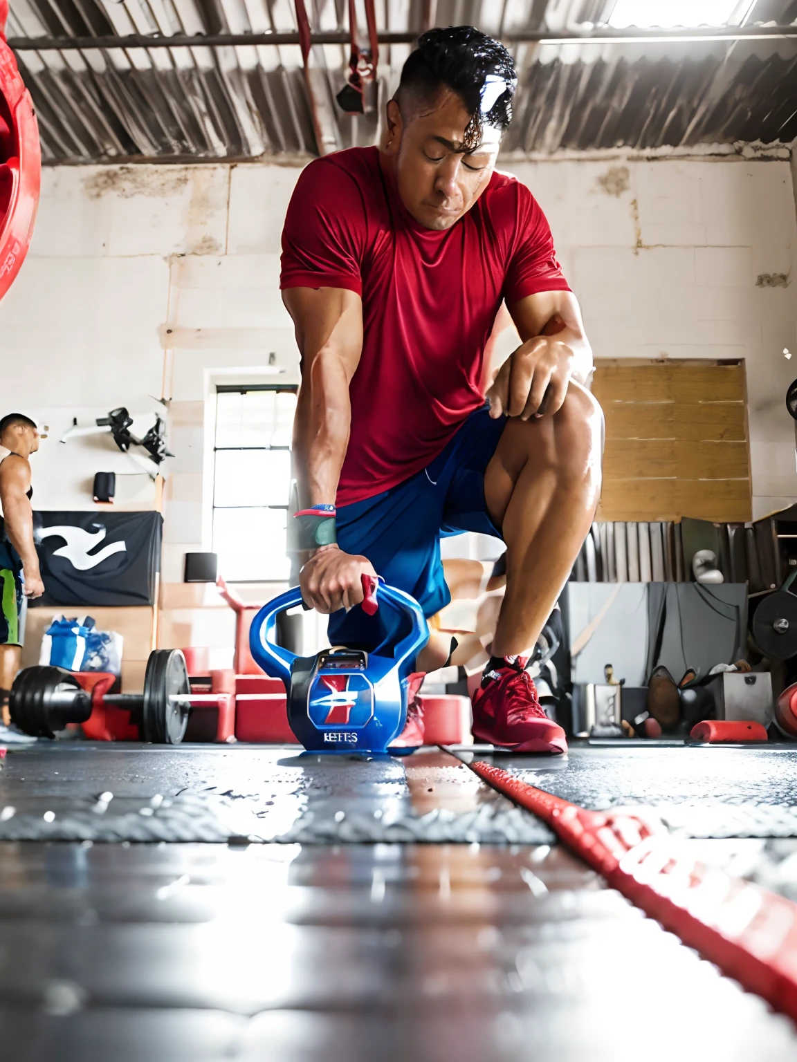There's a man crouching with a kettle on the floor, em uma academia, malhar, musculoso! CrossFit, tiro interno, levantamento de pesos, focus on his foot, moer, postura poderosa, kneeling at the shiny floor, athletic crossfit build, suando muito, Agachado, foto fit, squatting, sweating, Directed by: Robbie Trevino, Strongman