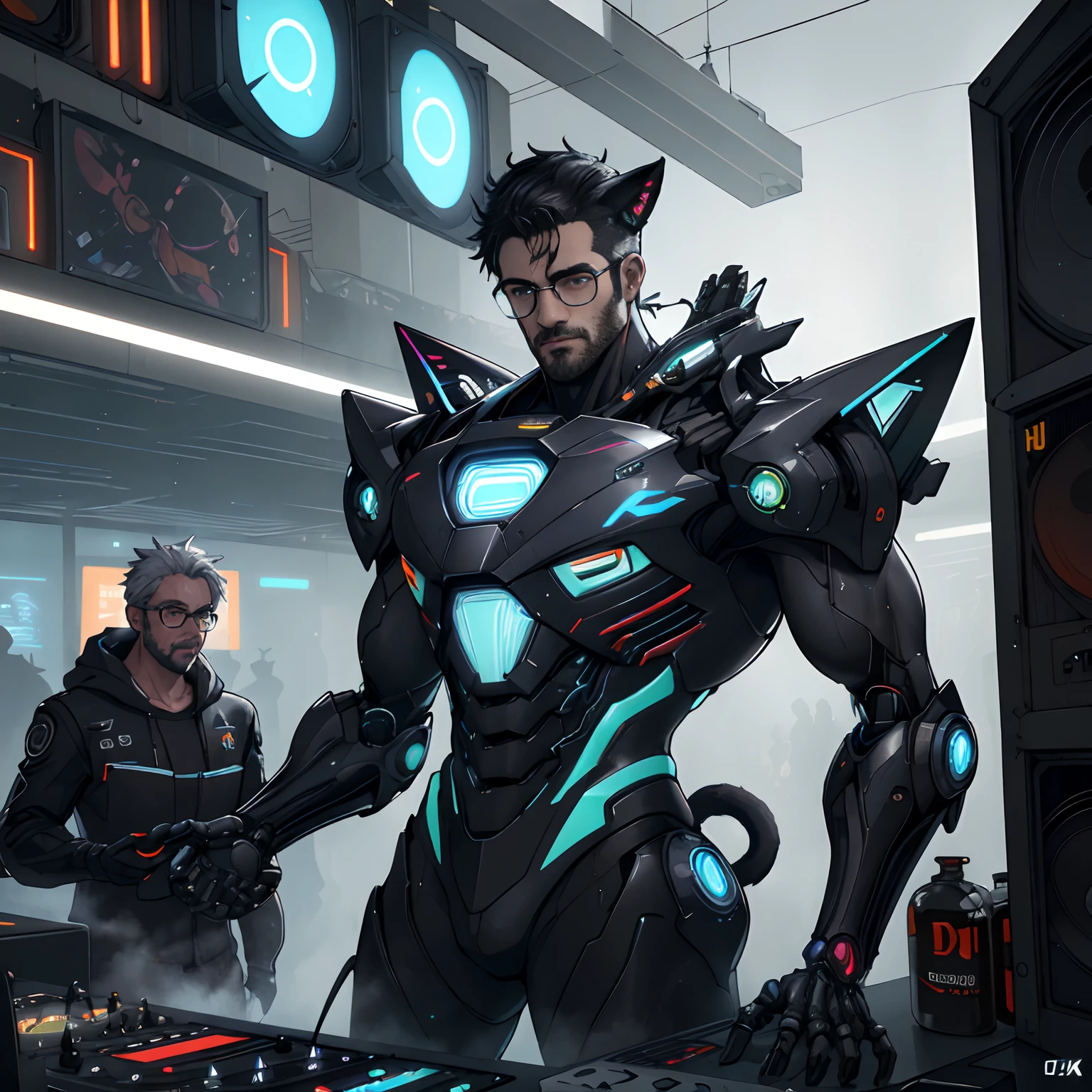 DJ, peituda, cabelos longos, cabelos pretos, olhos azuis, glasses, anatomical face, pale skin, orelhas de gato. Cybernetic Cat Ears, roupas cyberpunk
4k, hyper realistic, ultra detalhado, HDR, Sharp, dynamic  lighting, DJ pult em primeiro plano, Clube na retaguarda, luz neon no fundo, Atmosfera Neon, abstract black oil, mecha de engrenagem, detailed acrylic, Grunge, complexidade intrincada, renderizado no Unreal Engine, fotorrealista