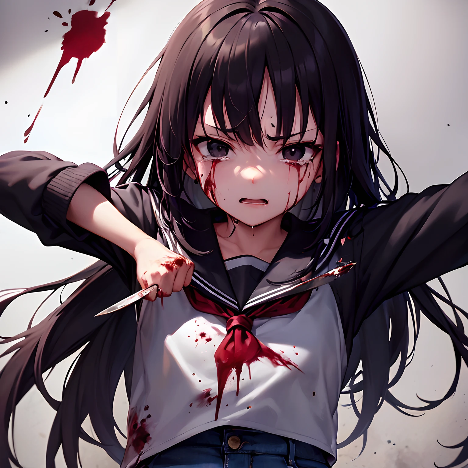 masutepiece, Best Quality, hight resolution, 1girl in, Shaded face, Black hair, Pretty, malformed, ((Black eyes)), arms in arms, ((Crying)), Tears run down my cheeks, (((He wears a sailor suit with blood splattered on it, blood splashing))), (Long hair), (angry), Looking at Viewer, Centered, (In view)、Holding a knife in one hand、Trails of blood