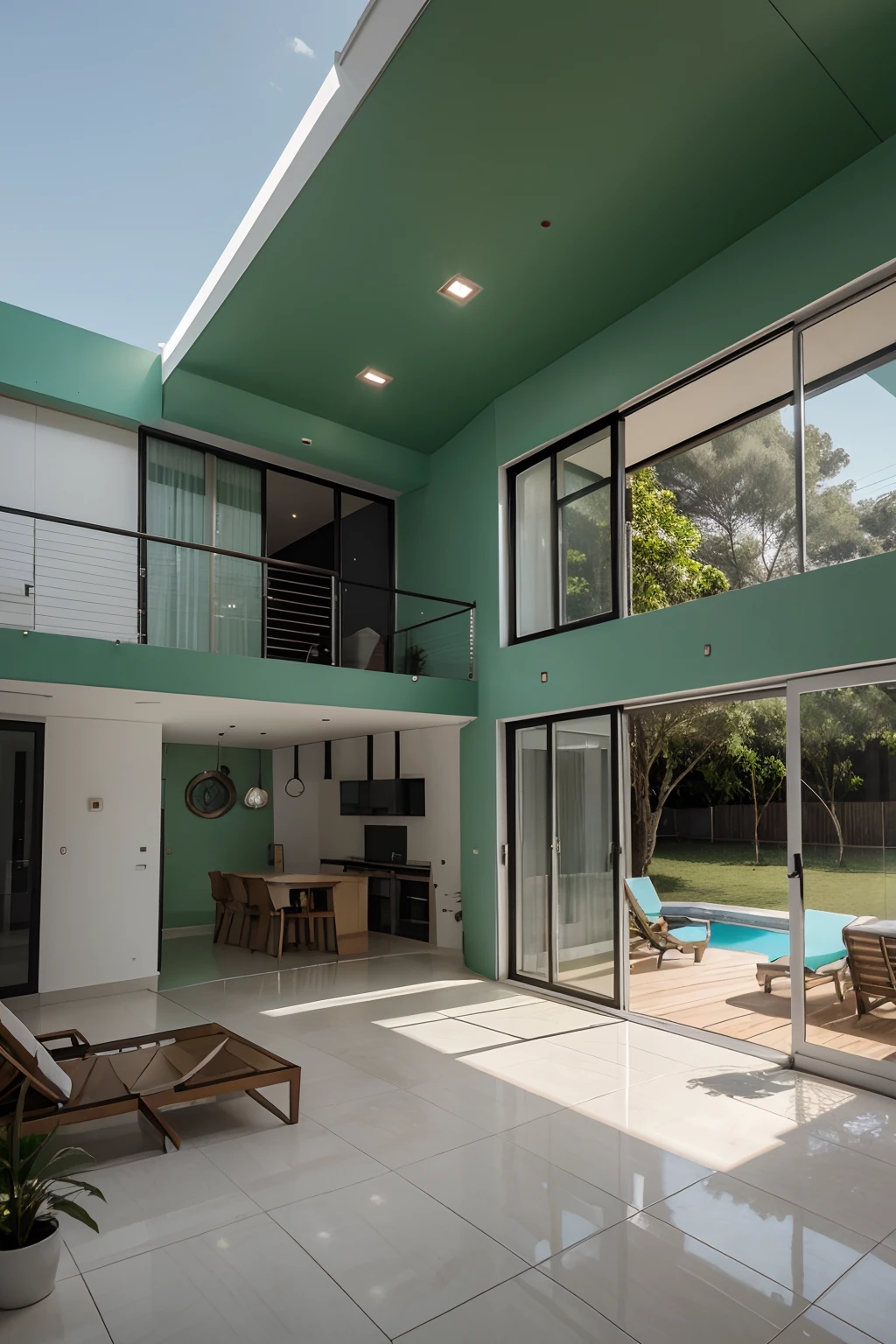 Fazer uma casa 3d, with high ceilings, estilo industrial, moderno e minimalista, teclado verde, energia solar, animais e floresta de fundo, clima de paz, sol e nuvens