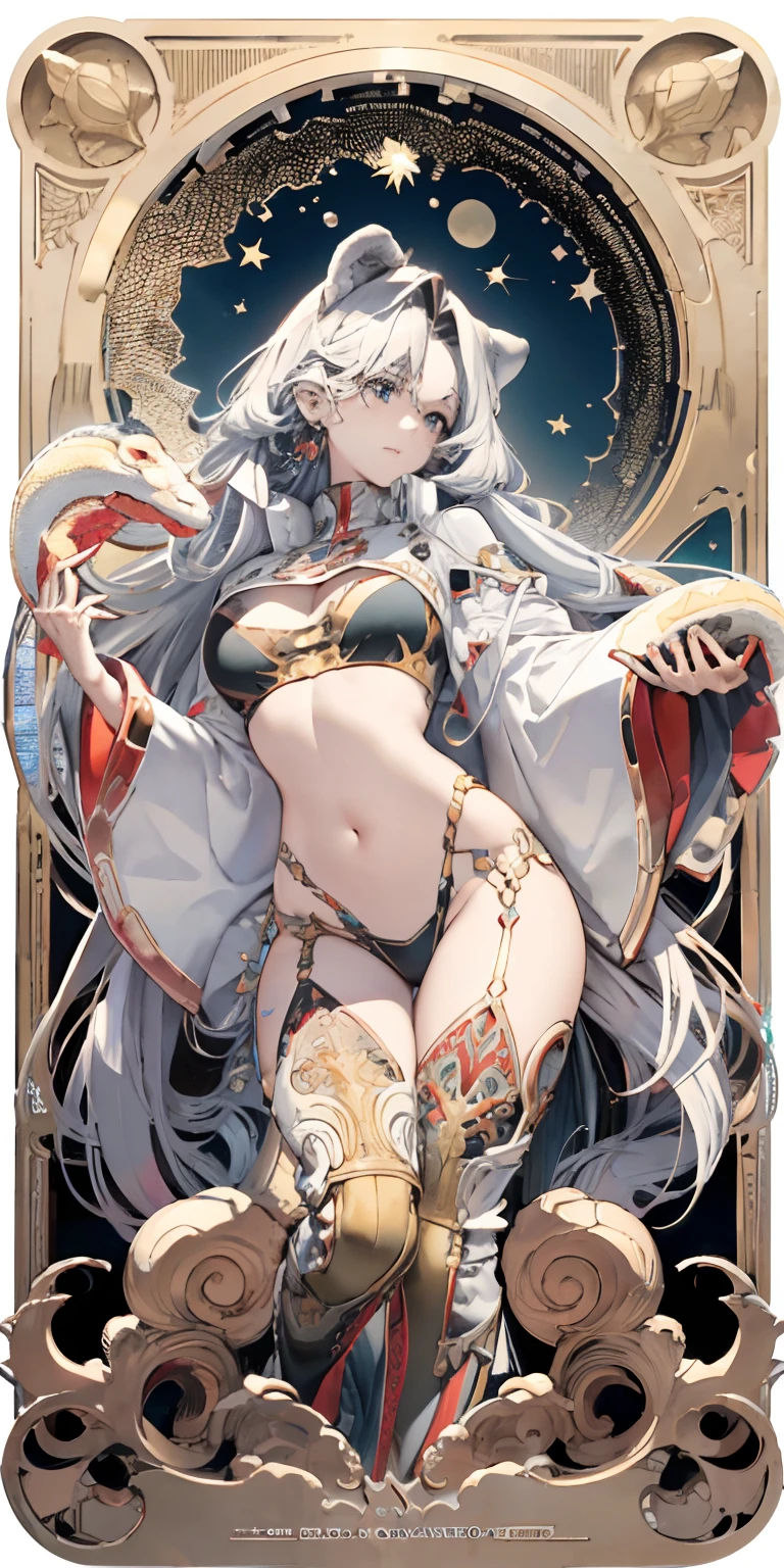 AXOR, Goddess of health，Goddess of hygiene，vivaciousness，Raised sexy，Active，Holding a snake stick，Red transparent sex outfit，full bodyesbian，Flower frame，Decorative panels， abstract artistic， Alphonse Mucha （tmasterpiece， best qualtiy， A high resolution： 1.4）， A detailed， Complicated details， 4K， Color splattering， Line art， Fibonacci， starrysky， natta， exteriors， Clouds， Reflectors， Eau， magick， （tarot cards），Cards， （（beautiful golden crystal star）） buliding， palaces， Patterned， Sumeru， Clouds， themoon
