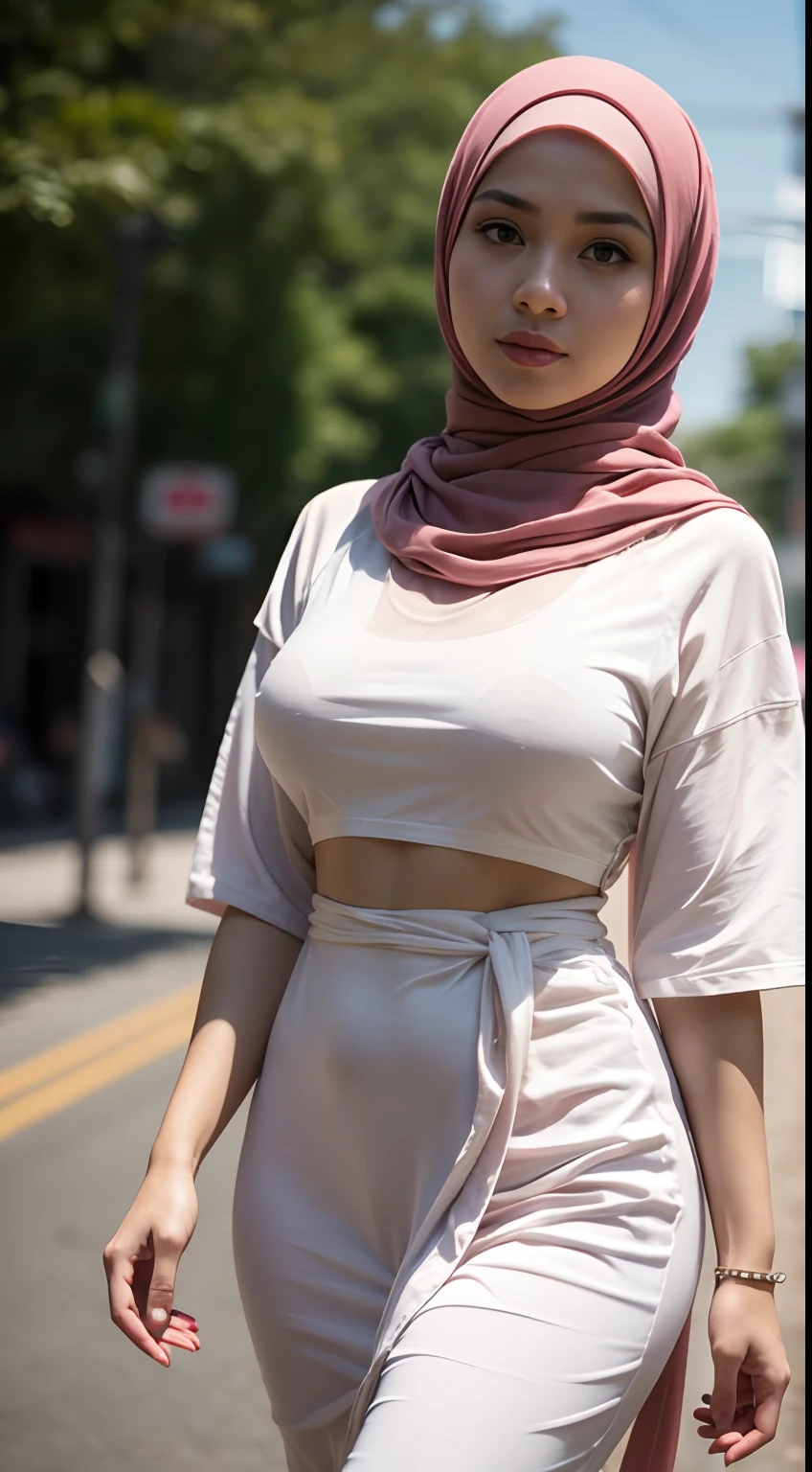 RAW, Best quality, high resolution, masterpiece: 1.3), Beautiful Malay woman in hijab (iu:0.8), wearing white baju kurung , walking on a rural street in the morning, big saggy breasts, slim waist, wide hips, thighs thick, photo taken using Panavision DXL2, 28mm lens, close up shot, bright pastel shades, bokeh, cinemascope, drama, high quality, very detailed, 8k resolution,