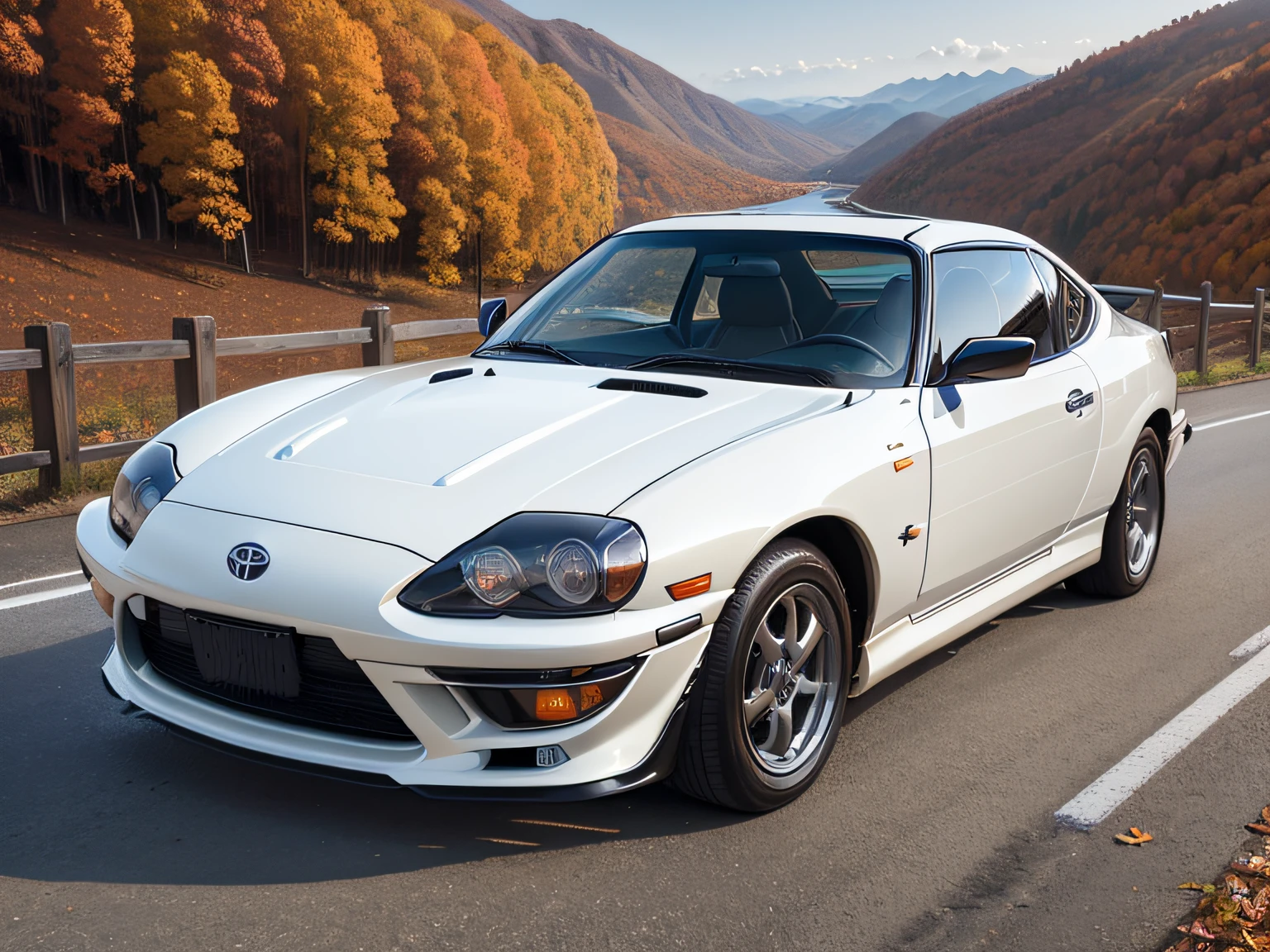 超A high resolution、An ultra-high picture quality、8K、Detailed details、marvelous expression、Late autumn valley、Beautiful autumn leaves、A white car driving gracefully on a mountain pass built along the mountain、((Toyota 2000GT))