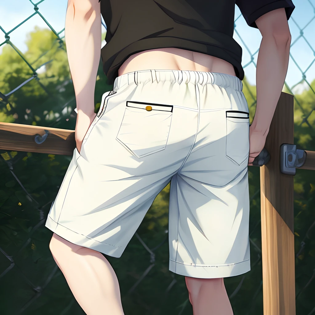 Cute anime boy getting a hanging wedgie on a fence